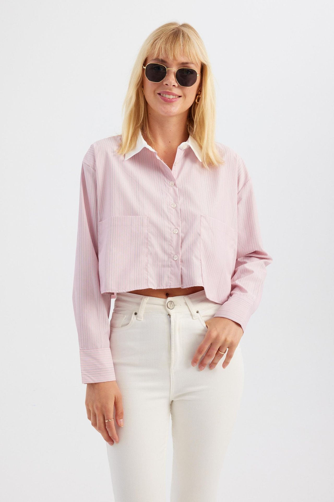 Striped Cotton Pocket Cropped Shirt