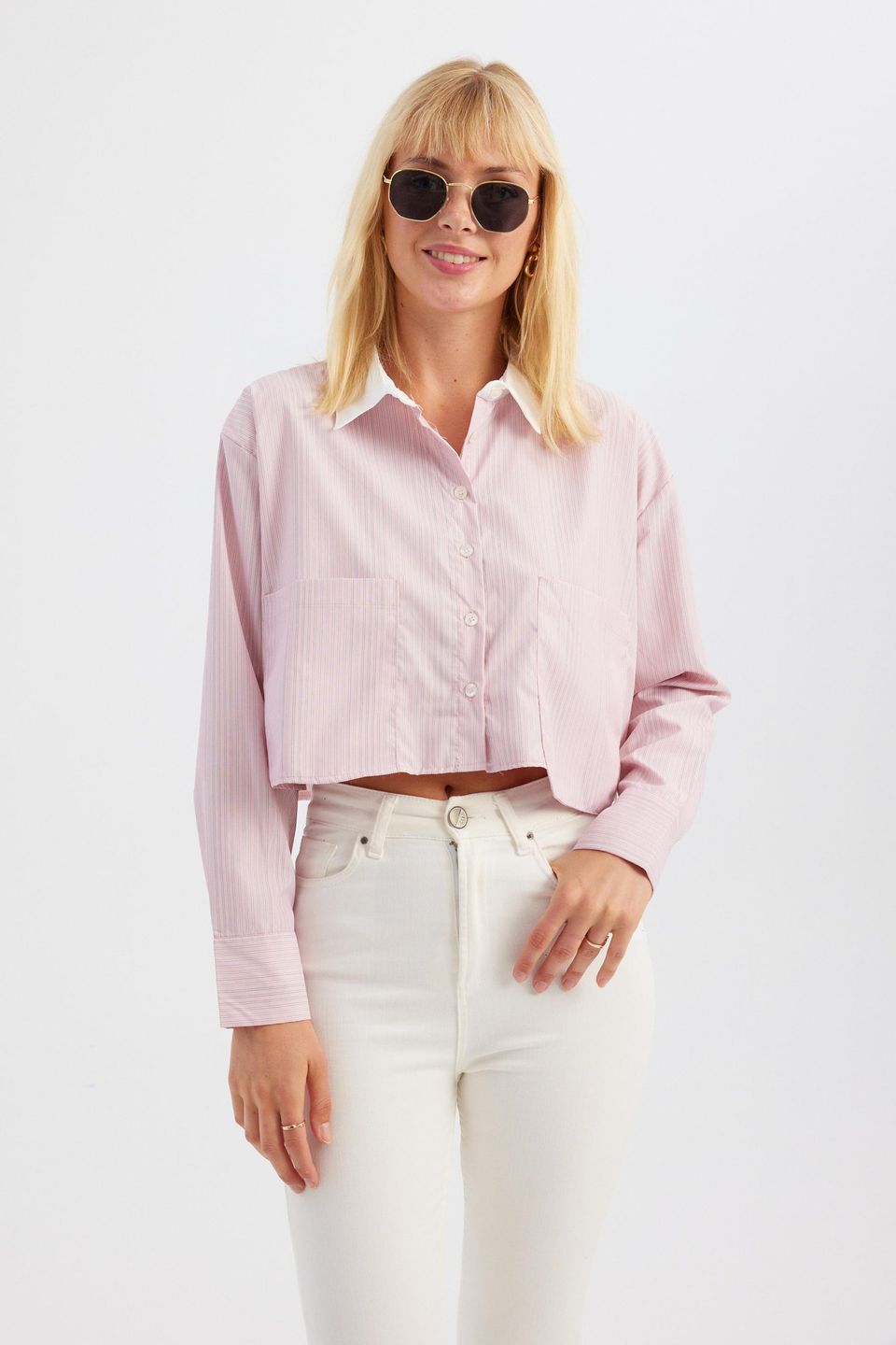 Striped Cotton Pocket Cropped Shirt