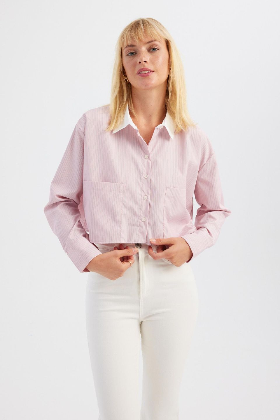 Striped Cotton Pocket Cropped Shirt