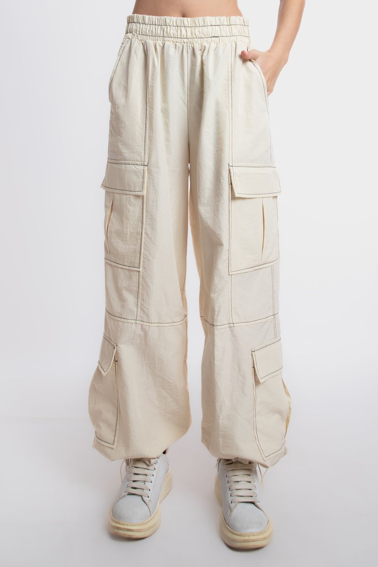 High Waist Elastic Waist Pocket Cargo Trousers