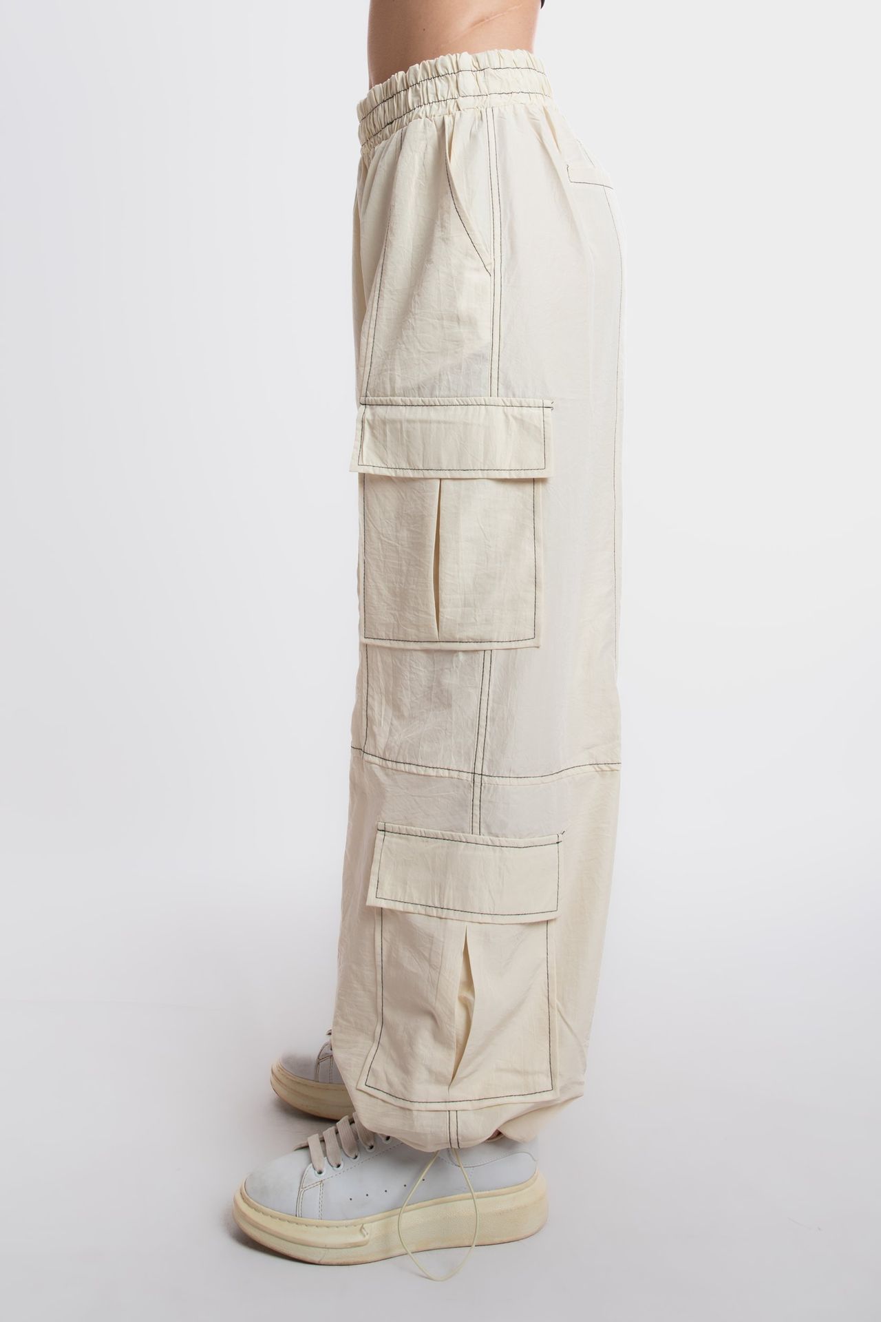 High Waist Elastic Waist Pocket Cargo Trousers