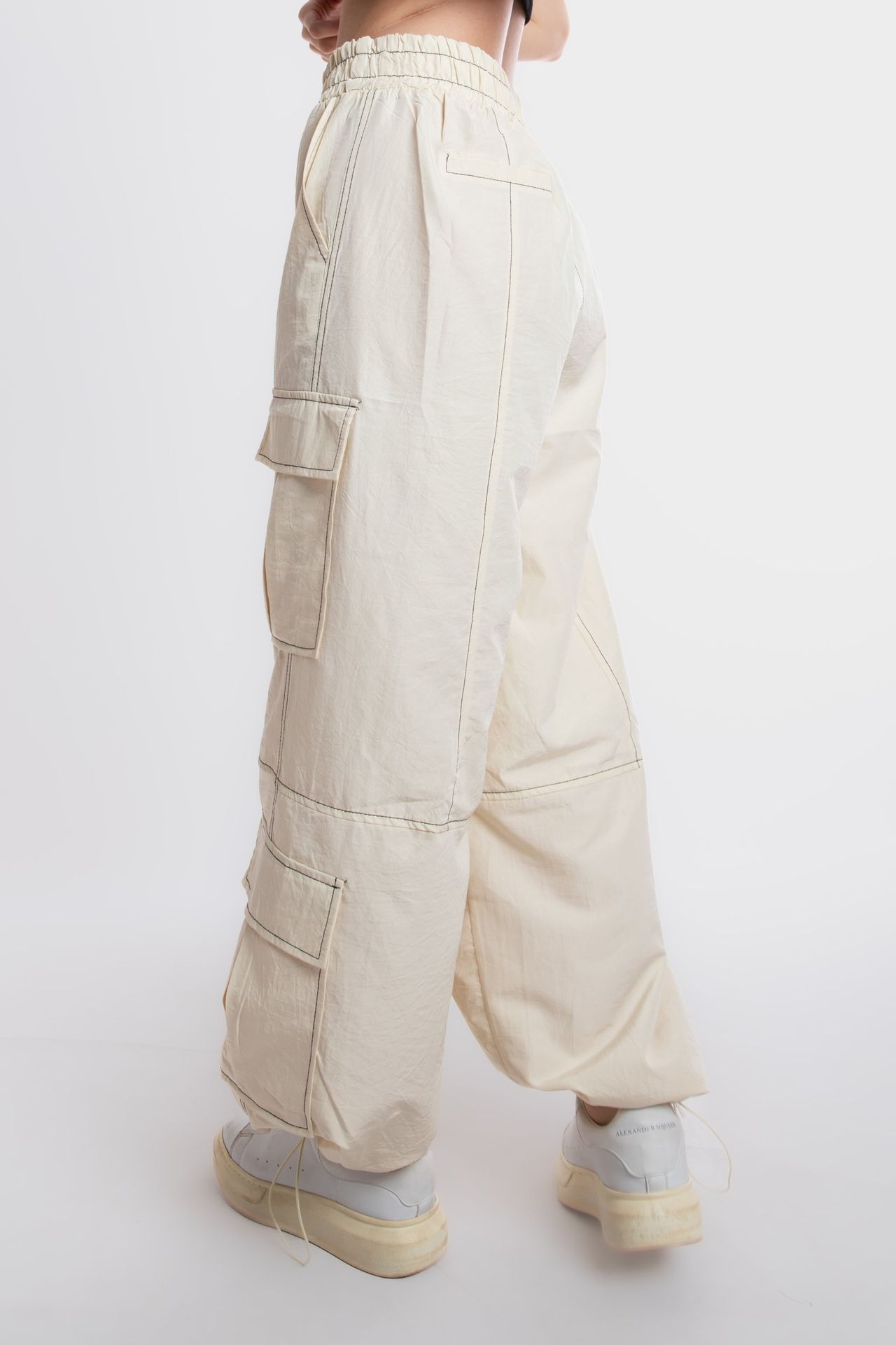 High Waist Elastic Waist Pocket Cargo Trousers