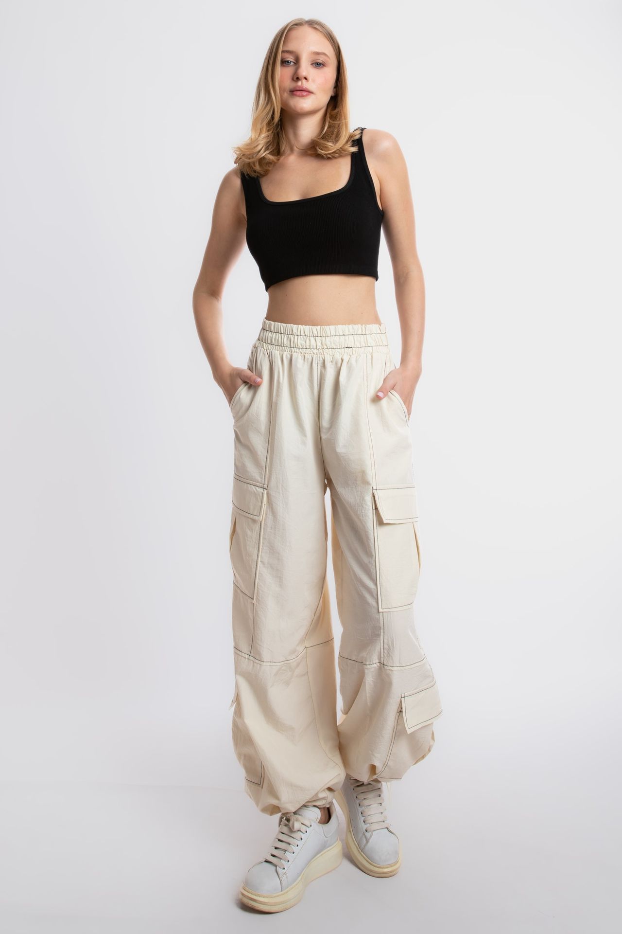 High Waist Elastic Waist Pocket Cargo Trousers