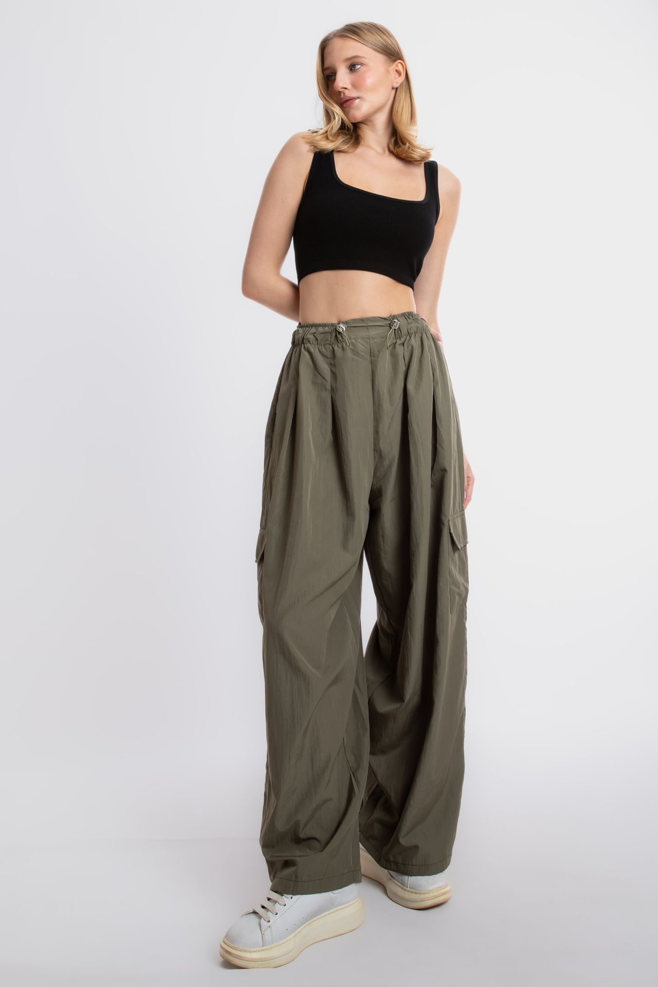 High Waist Drawstring Parachute Trousers
