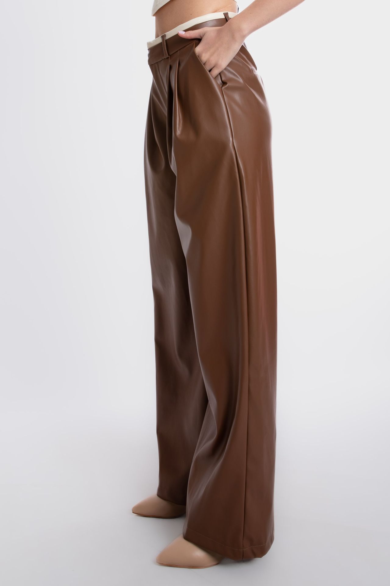 Faux Leather High Waist Pleated Wide Leg Trousers