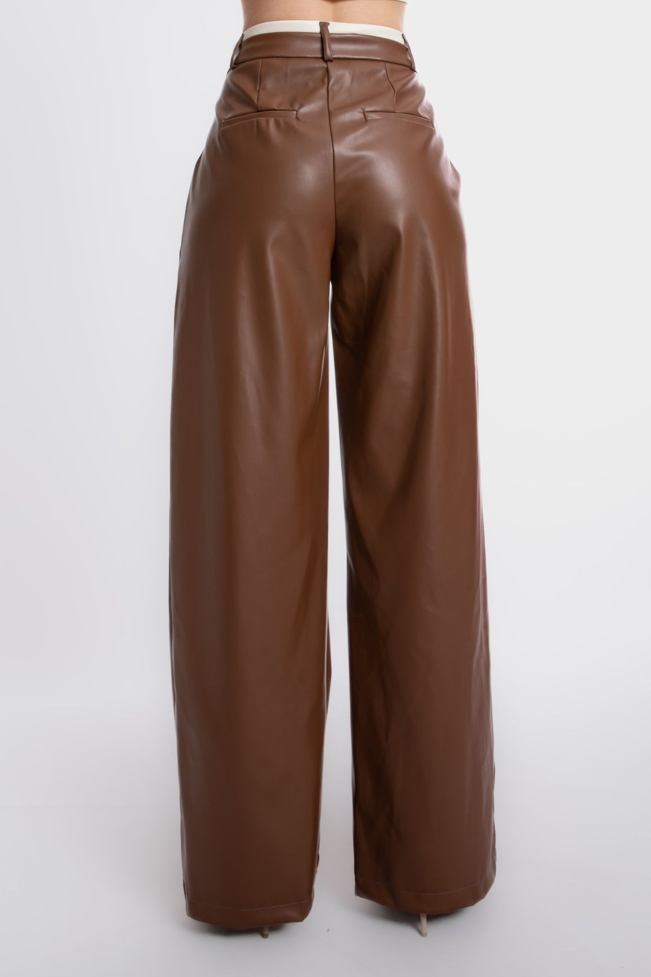 Faux Leather High Waist Pleated Wide Leg Trousers