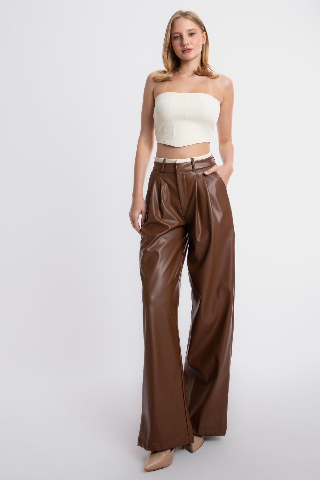 Faux Leather High Waist Pleated Wide Leg Trousers