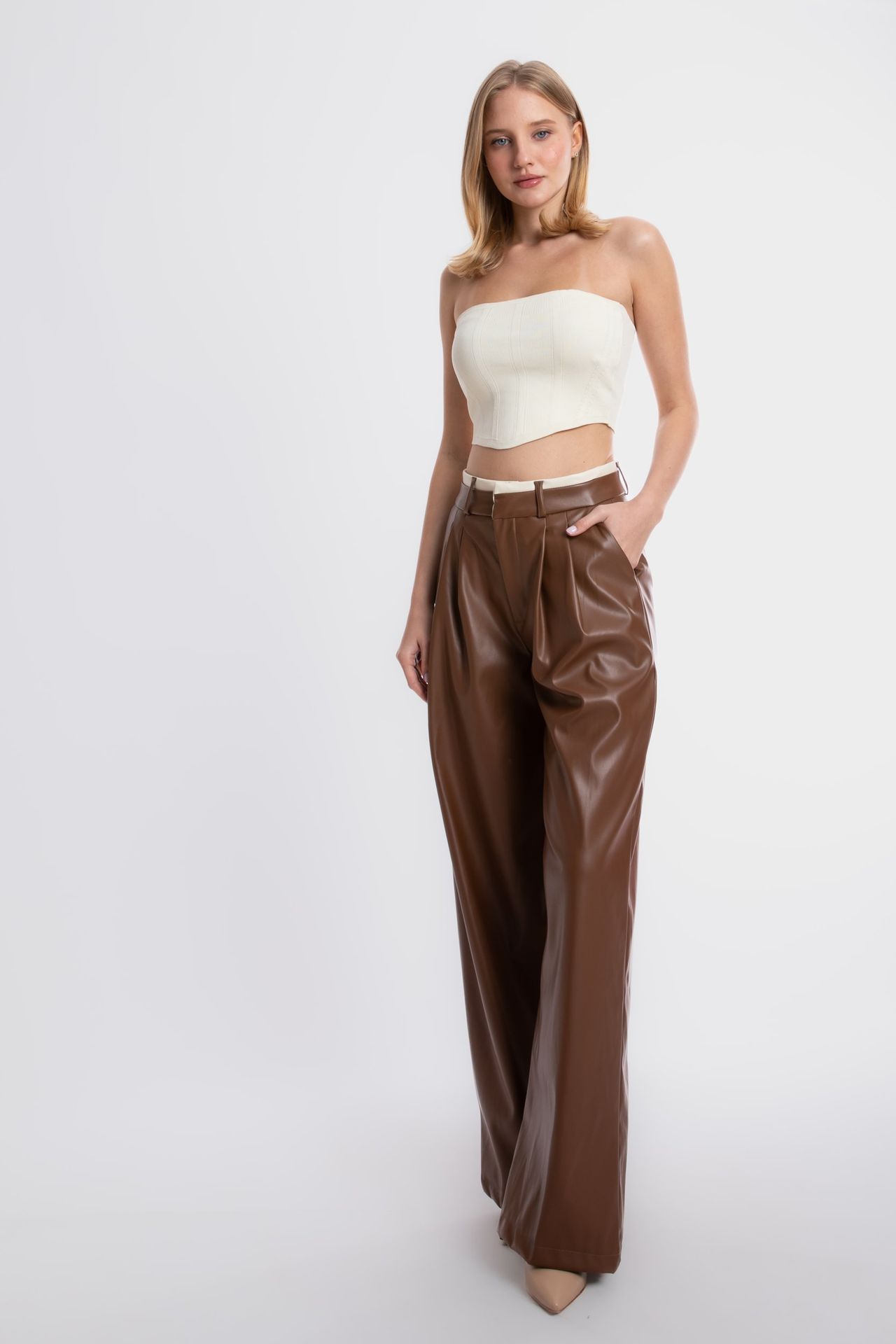 Faux Leather High Waist Pleated Wide Leg Trousers