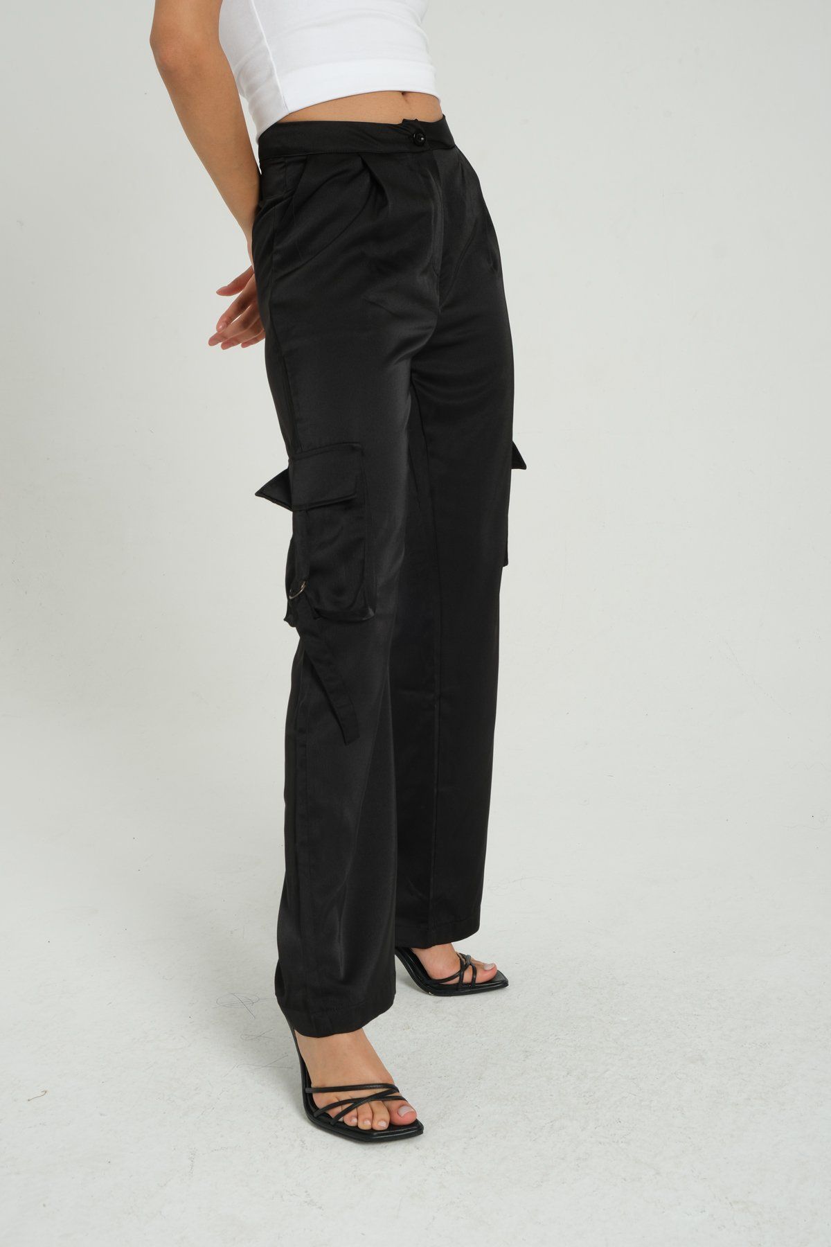 Satin Mid Rise Pocket Cargo Trousers