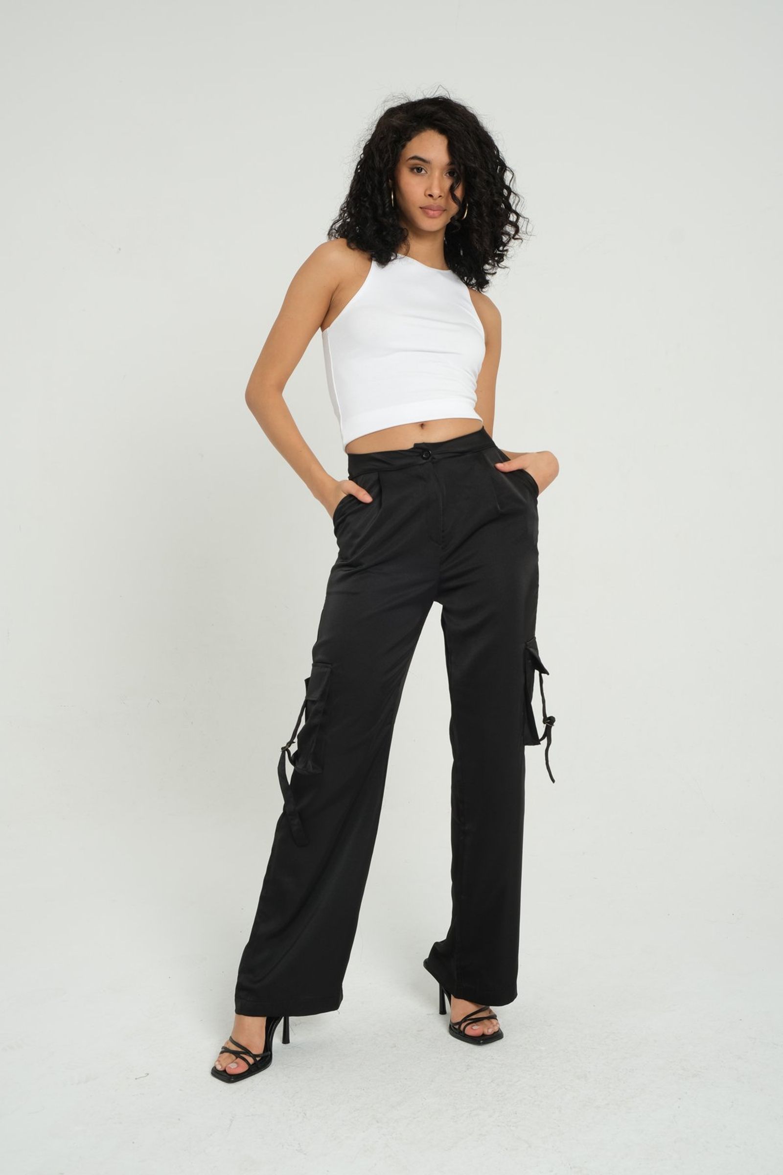 Satin Mid Rise Pocket Cargo Trousers