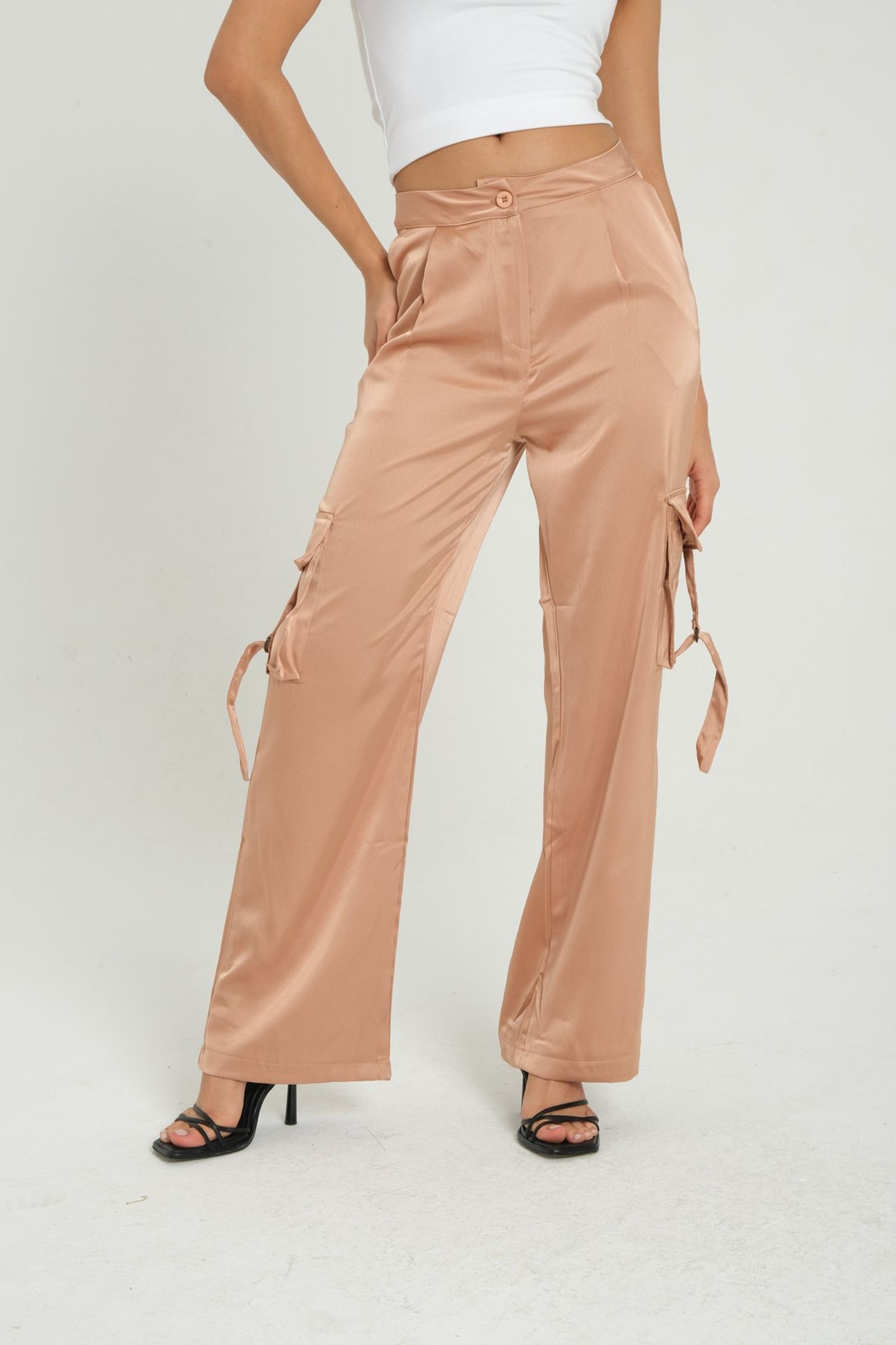 Satin Mid Rise Pocket Cargo Trousers