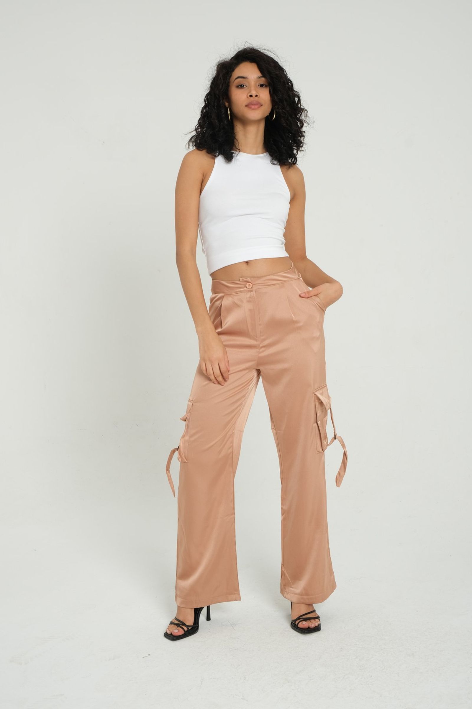 Satin Mid Rise Pocket Cargo Trousers