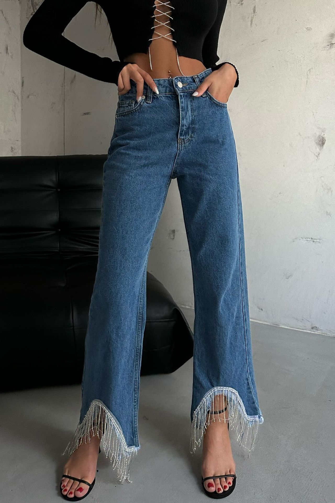High Waist Wide Leg Jeans with a Tassel Hem