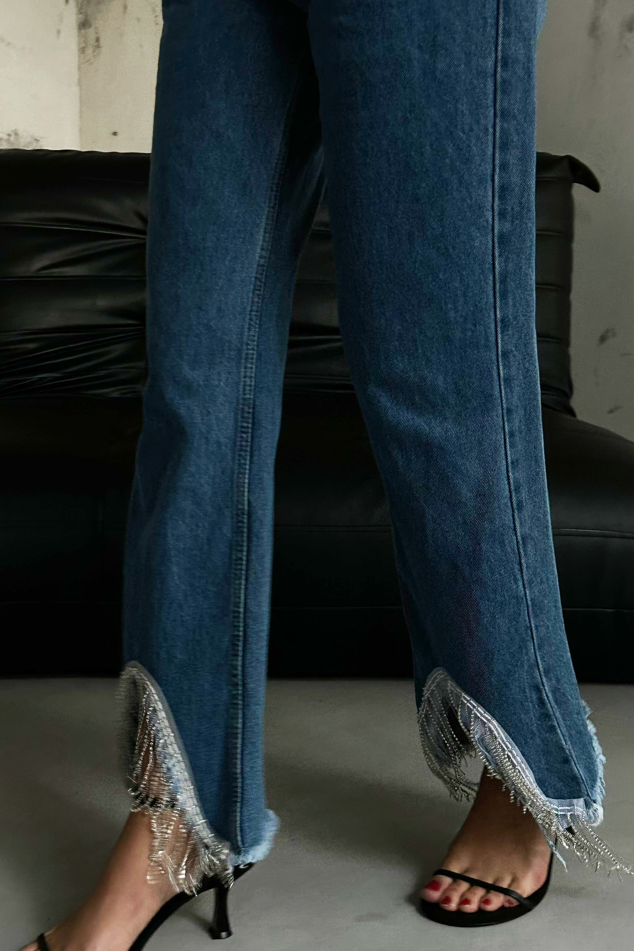 High Waist Wide Leg Jeans with a Tassel Hem