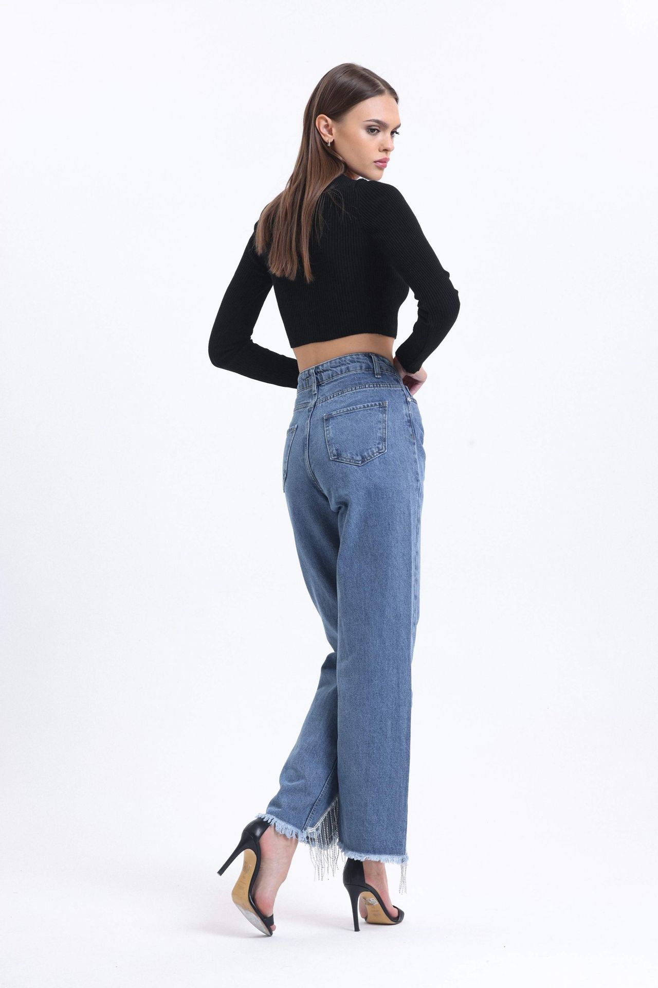 High Waist Wide Leg Jeans with a Tassel Hem