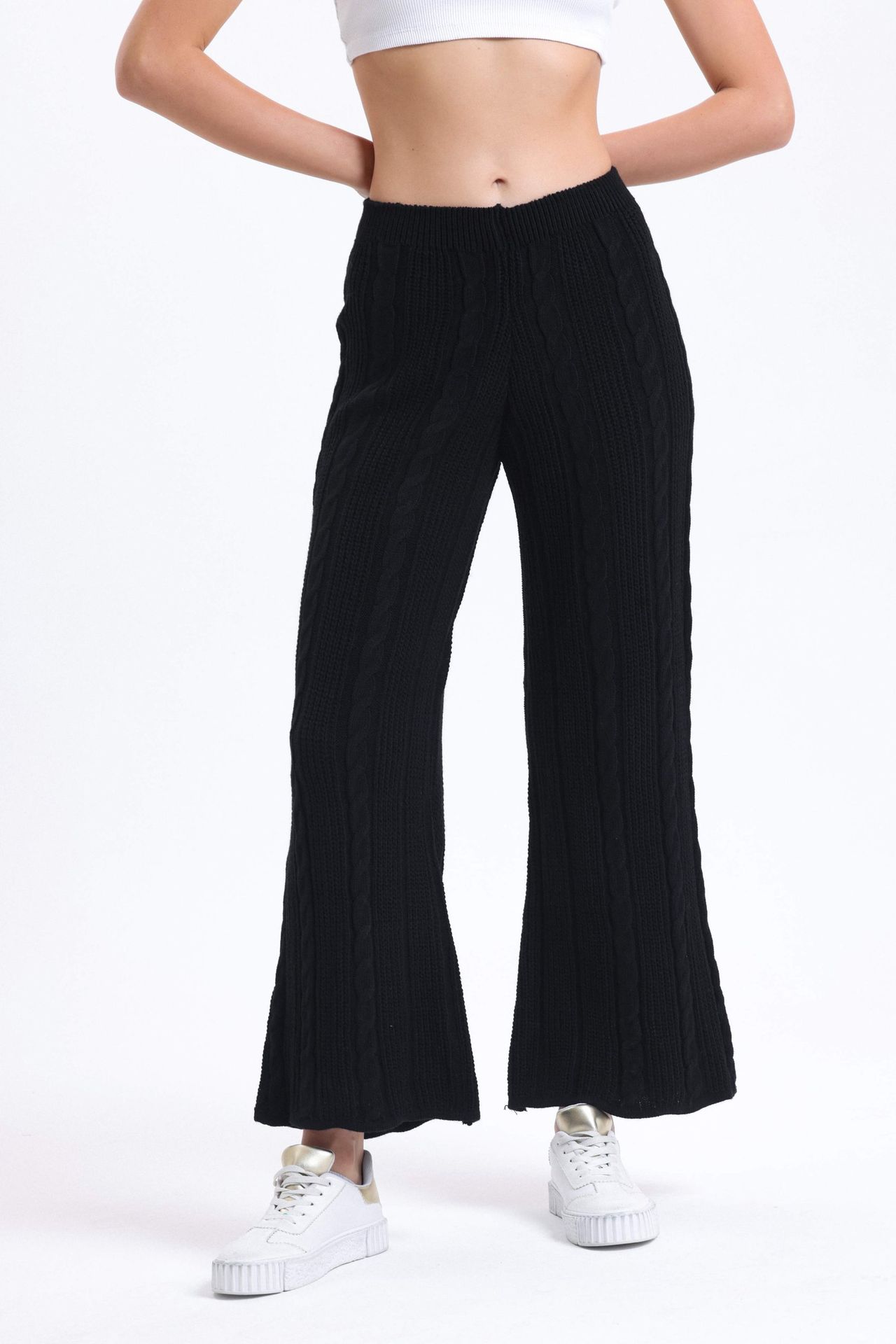 Knitted Mid Rise Wide Leg Trousers