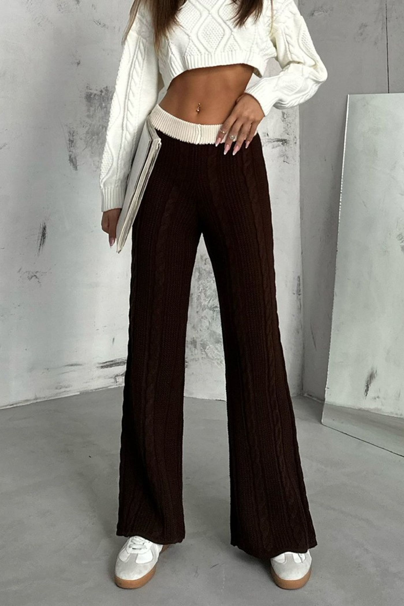 Knitted Mid Rise Wide Leg Trousers