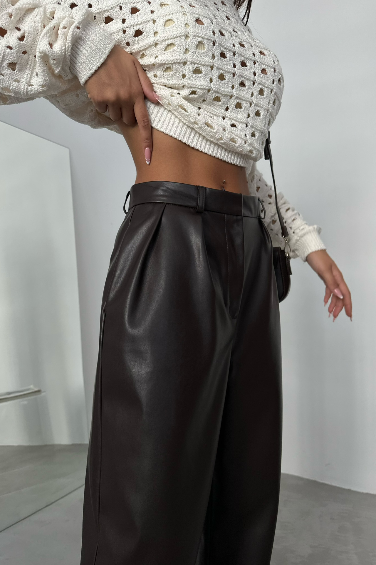 Faux Leather High Waist Pleated Wide Leg Trousers