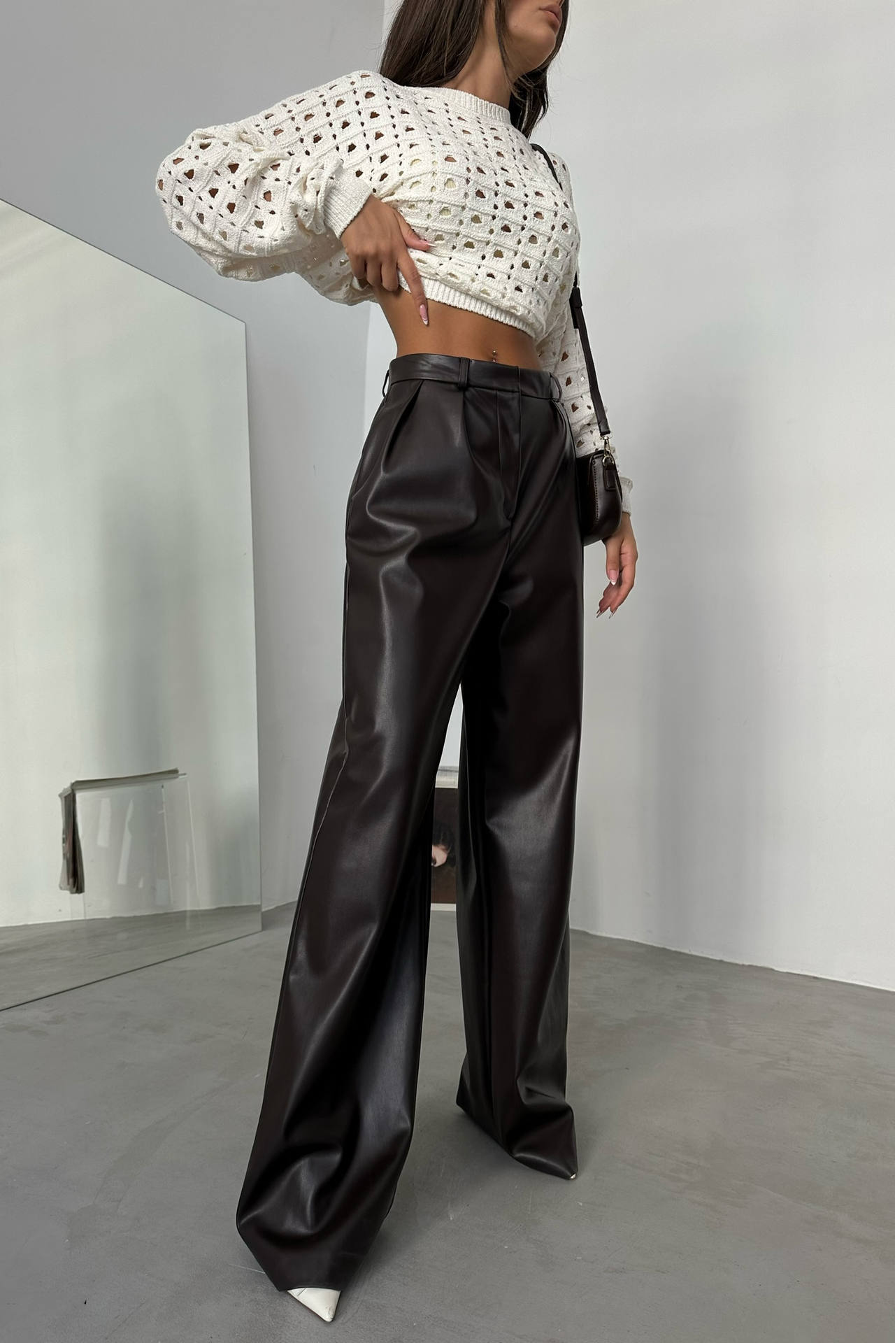 Faux Leather High Waist Pleated Wide Leg Trousers