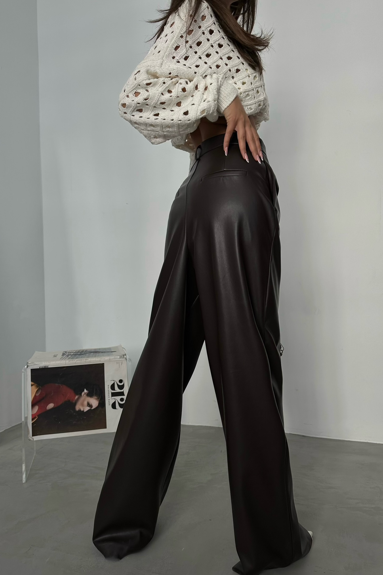 Faux Leather High Waist Pleated Wide Leg Trousers