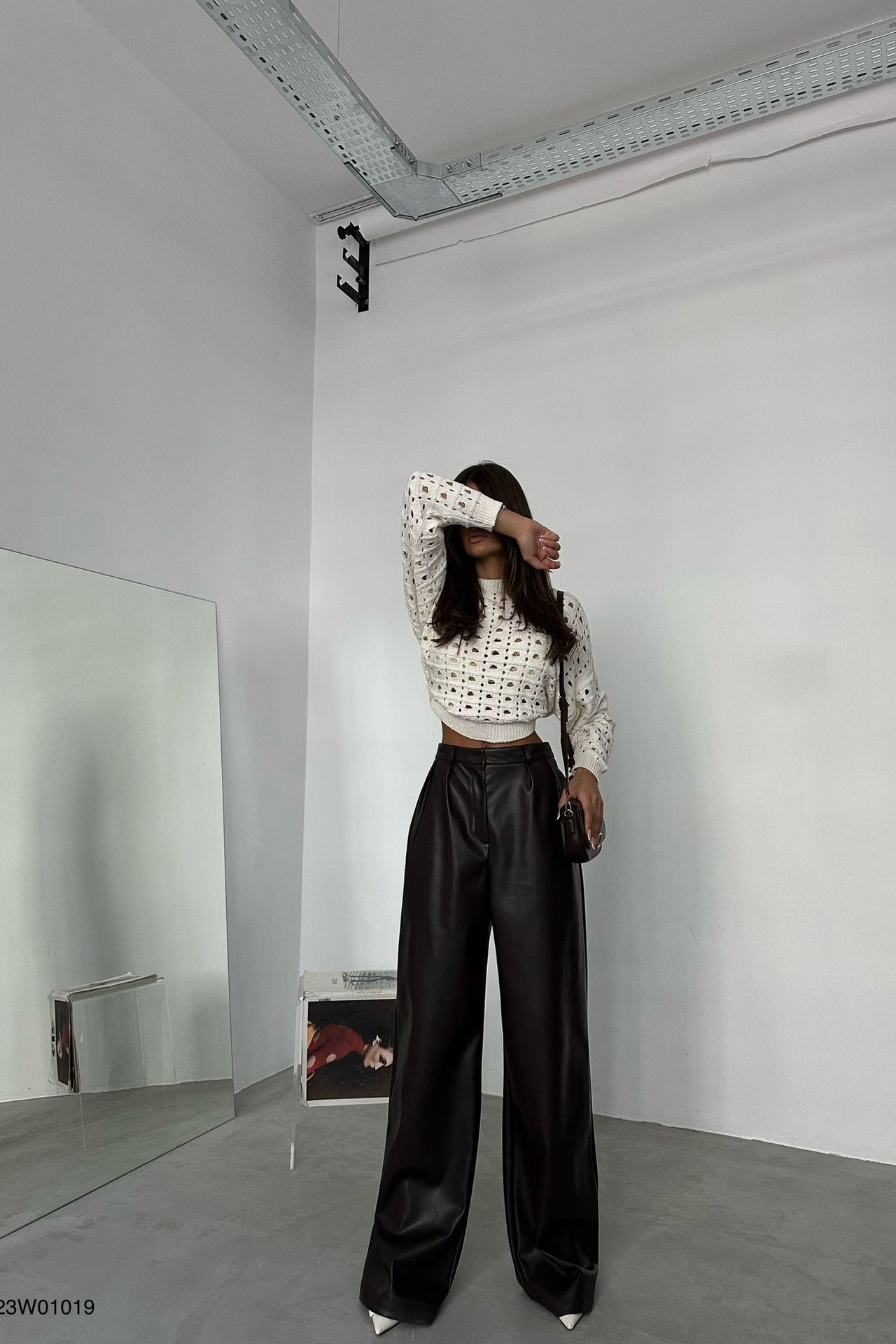 Faux Leather High Waist Pleated Wide Leg Trousers