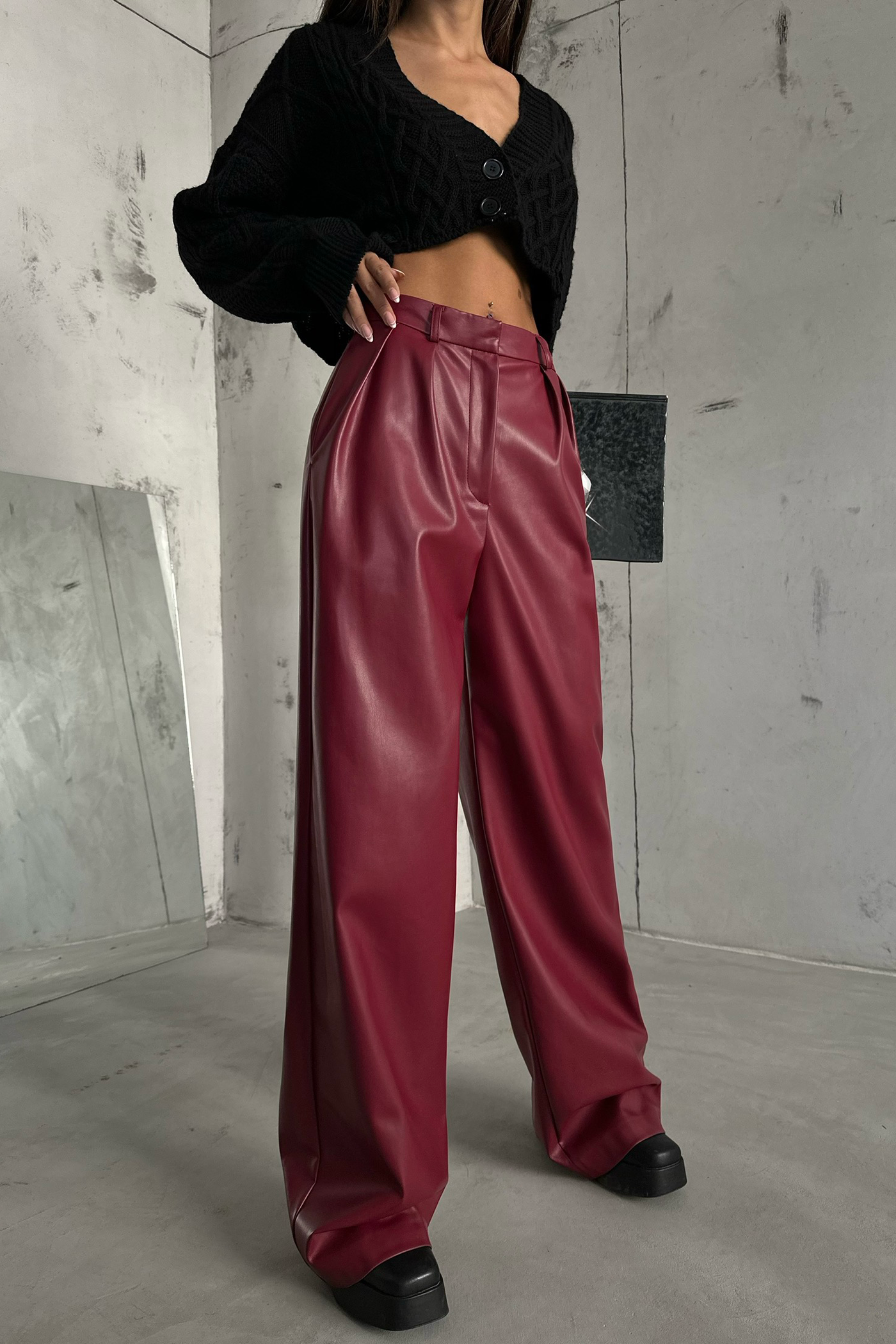 Faux Leather High Waist Pleated Wide Leg Trousers