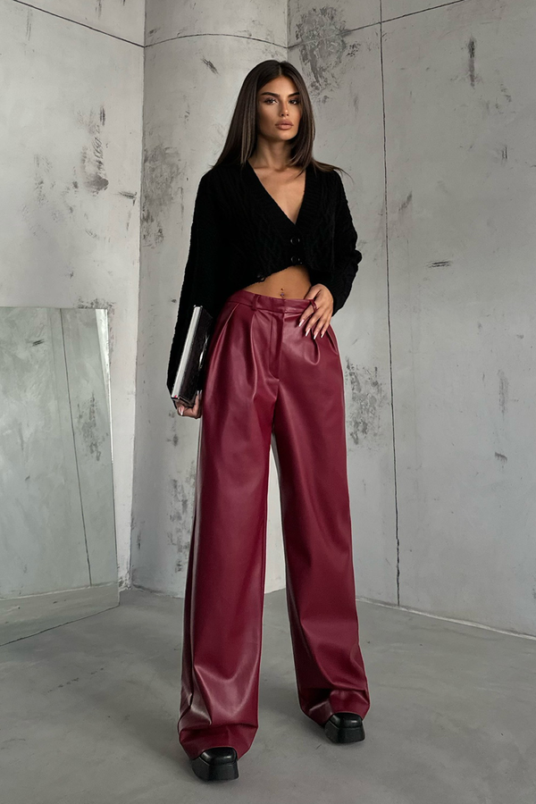 Faux Leather High Waist Pleated Wide Leg Trousers 2