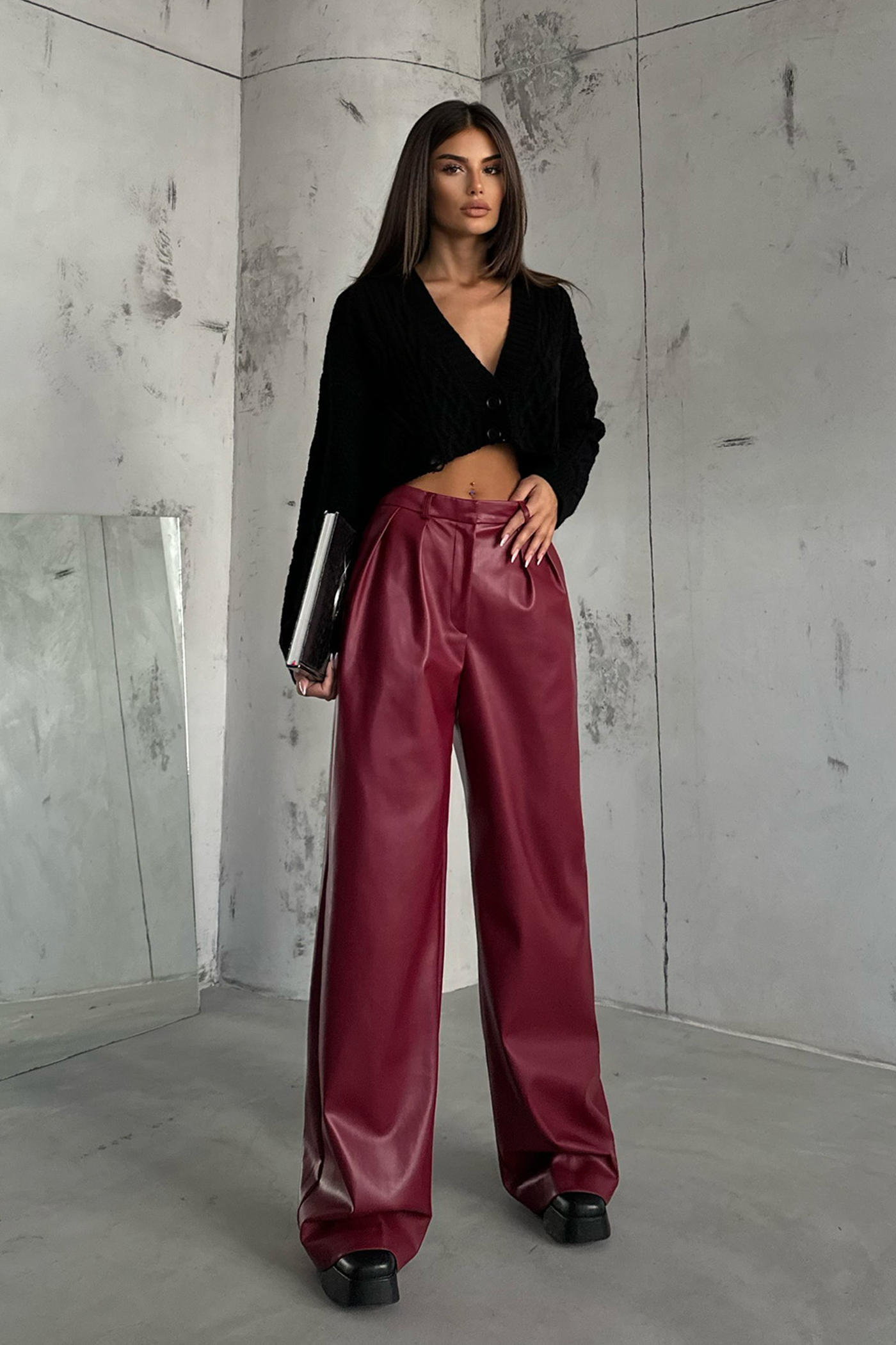 Faux Leather High Waist Pleated Wide Leg Trousers