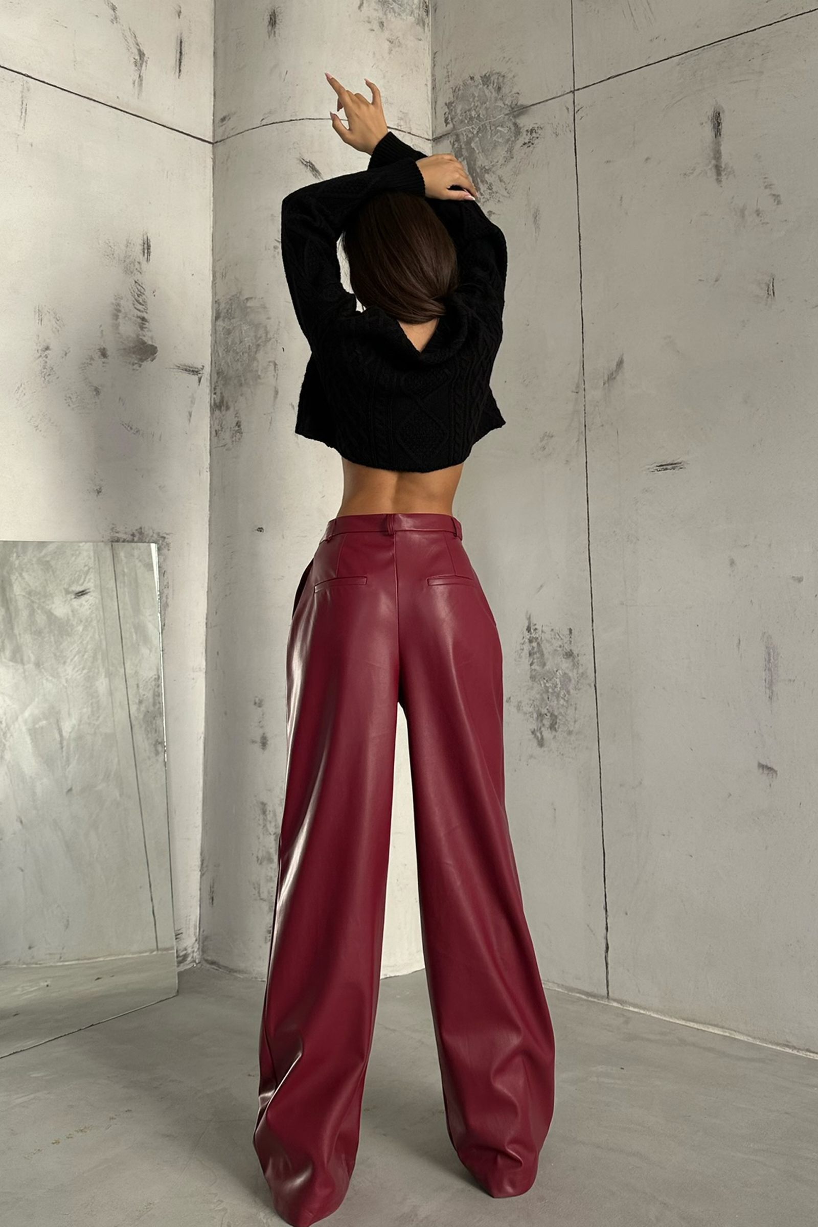 Faux Leather High Waist Pleated Wide Leg Trousers