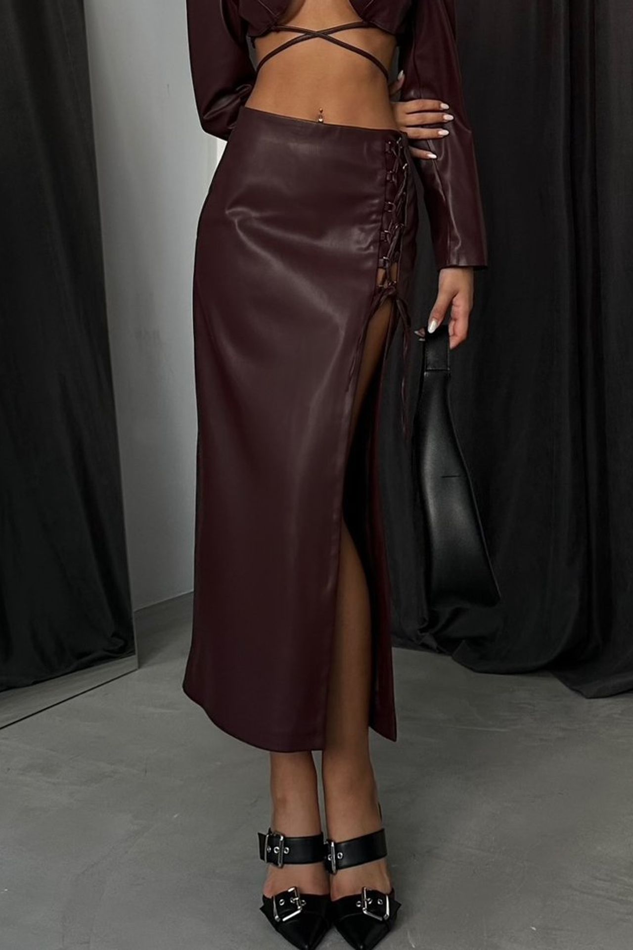 Faux Leather High Waist Slit Lace Up Maxi Skirt