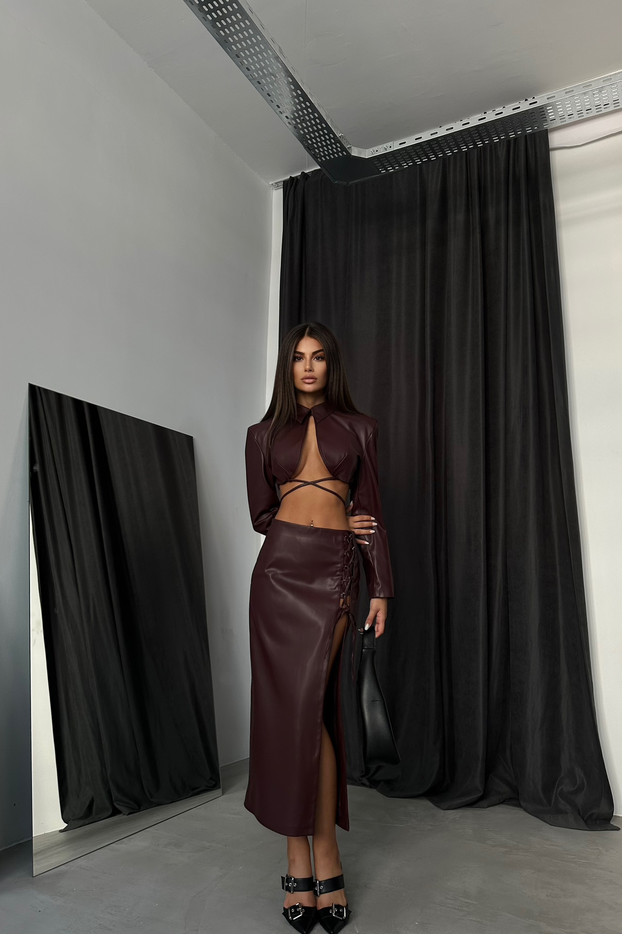 Faux Leather High Waist Slit Lace Up Maxi Skirt