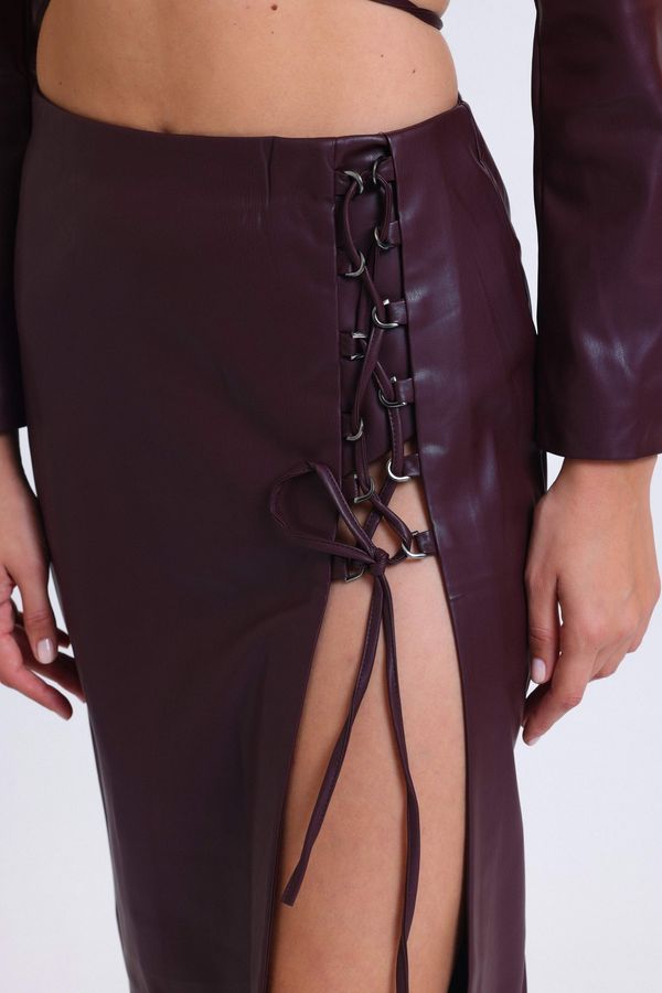 Faux Leather High Waist Slit Lace Up Maxi Skirt 5