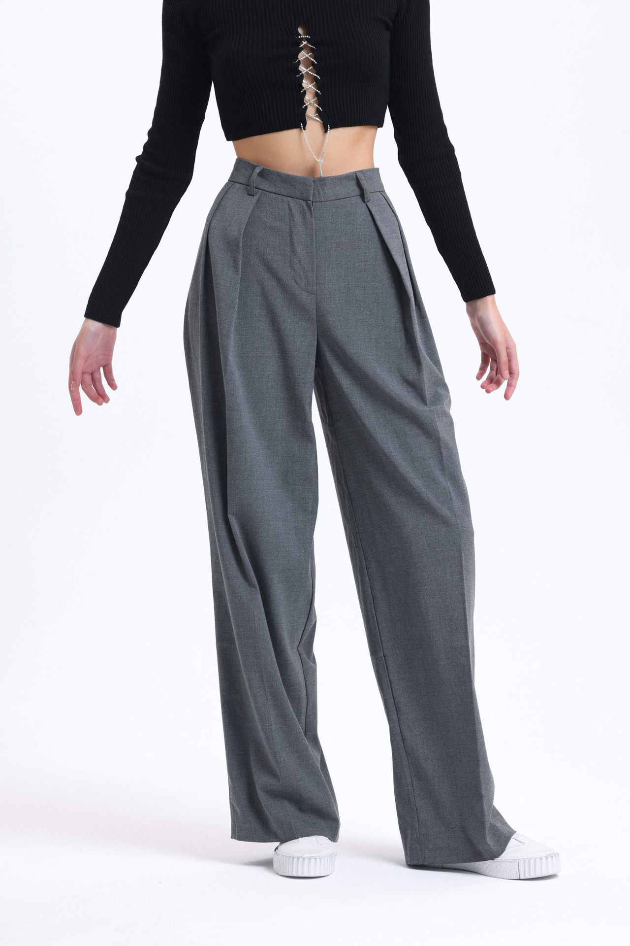 High Waist Wide Leg Trousers with Pleated Details