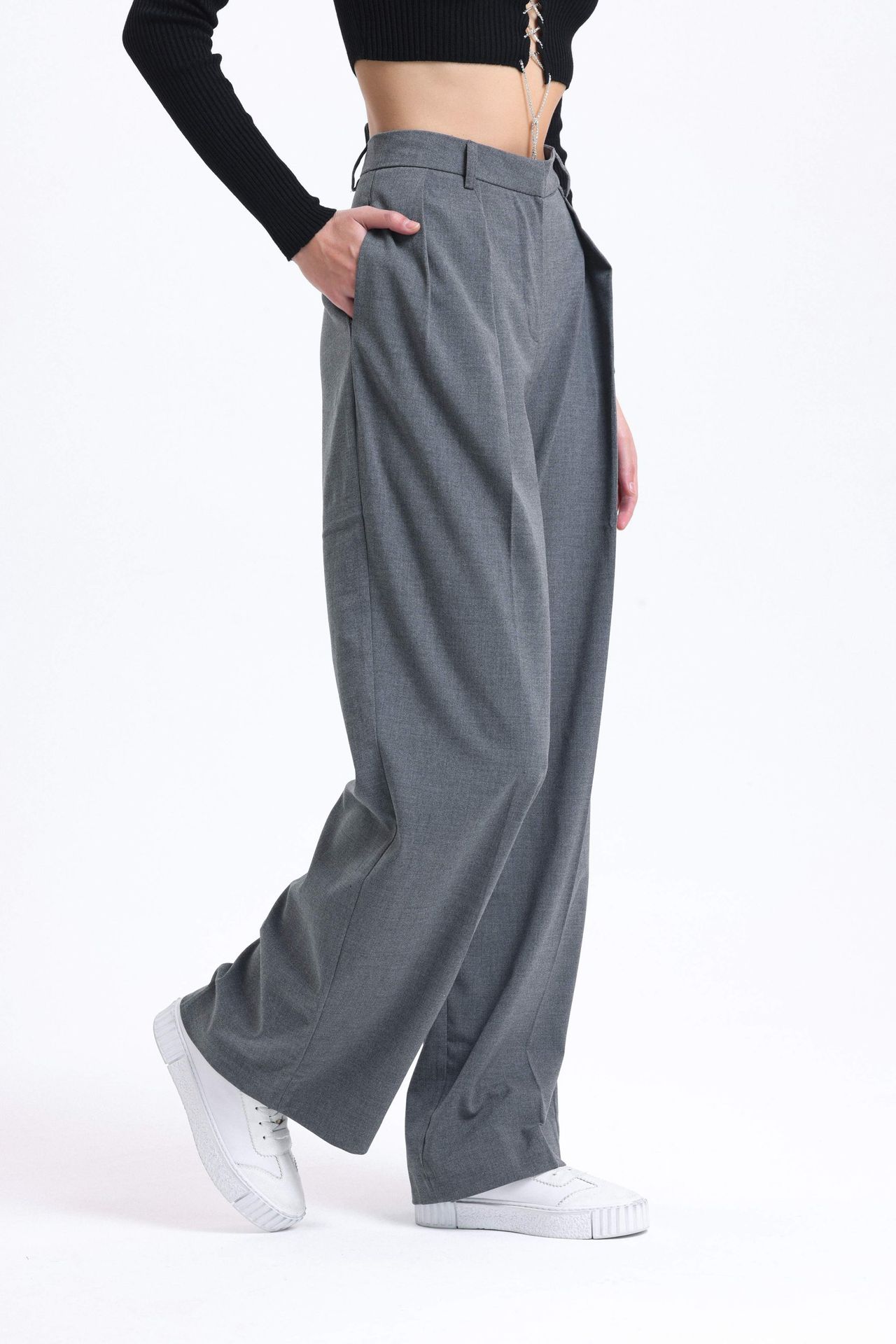 High Waist Wide Leg Trousers with Pleated Details