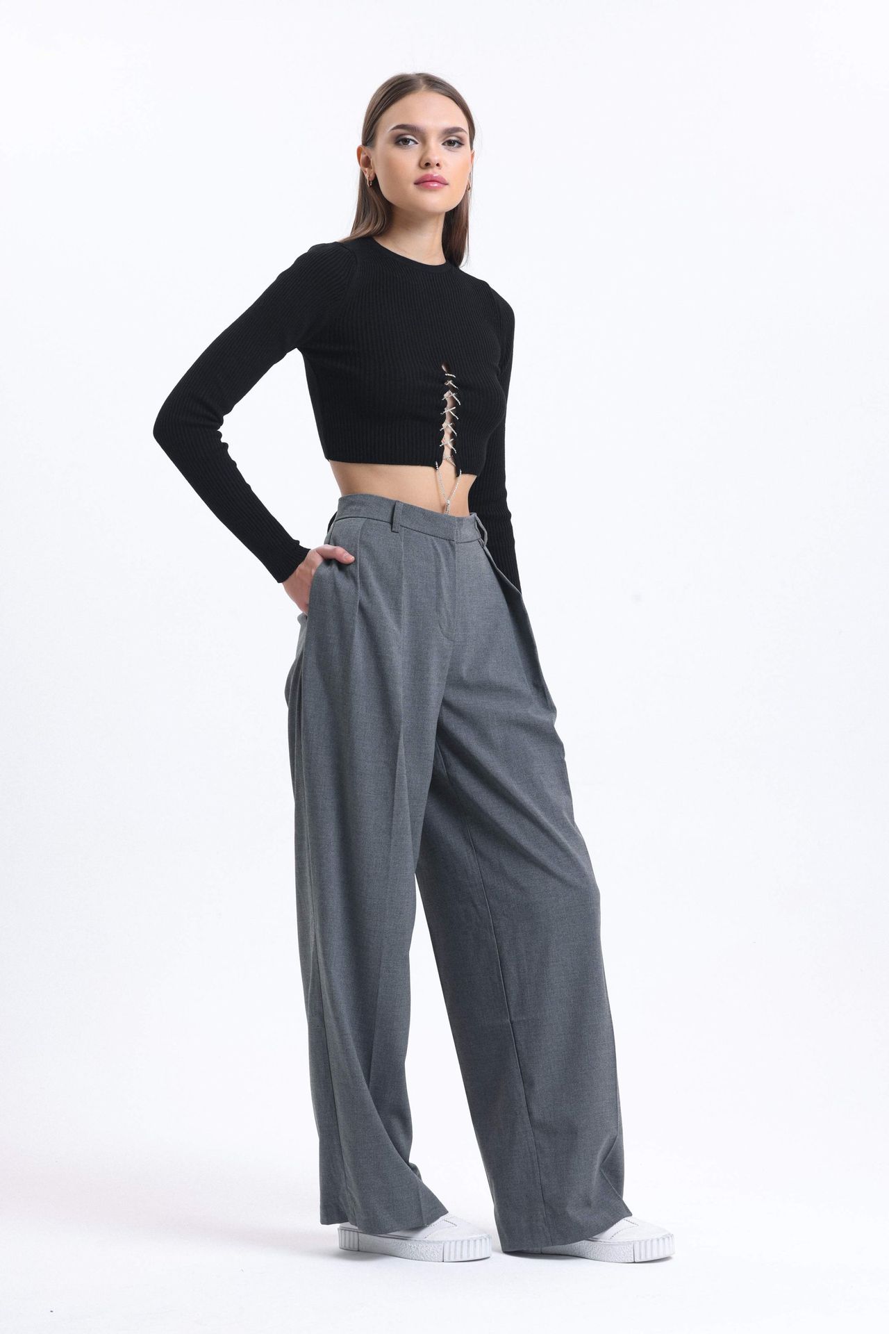 High Waist Wide Leg Trousers with Pleated Details