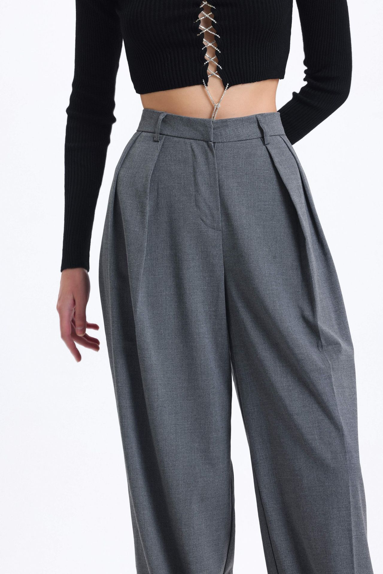 High Waist Wide Leg Trousers with Pleated Details