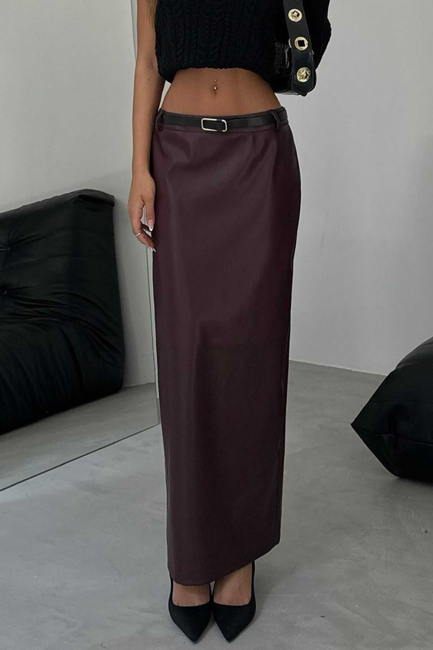 Faux Leather Mid Rise Maxi Skirt with a Belt