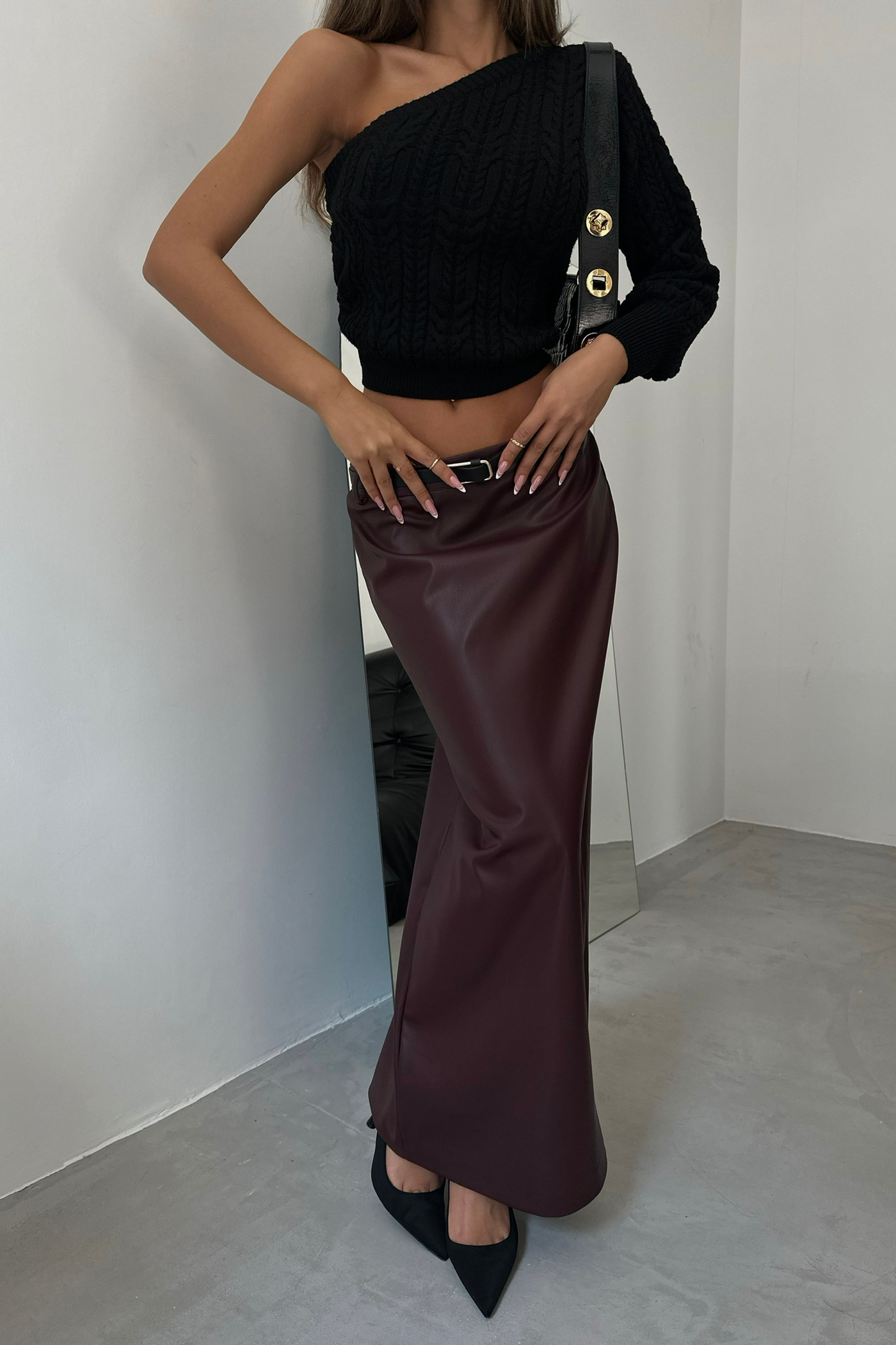 Faux Leather Mid Rise Maxi Skirt with a Belt