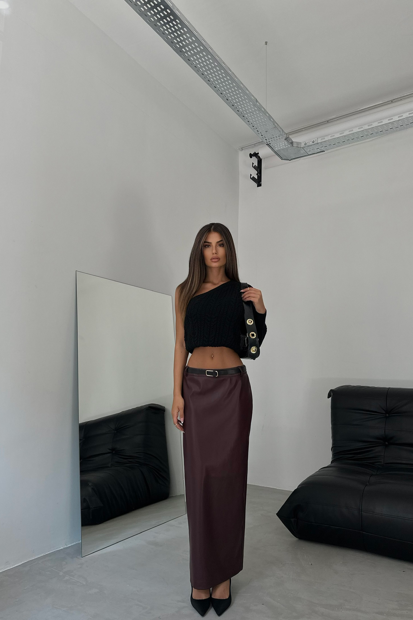 Faux Leather Mid Rise Maxi Skirt with a Belt