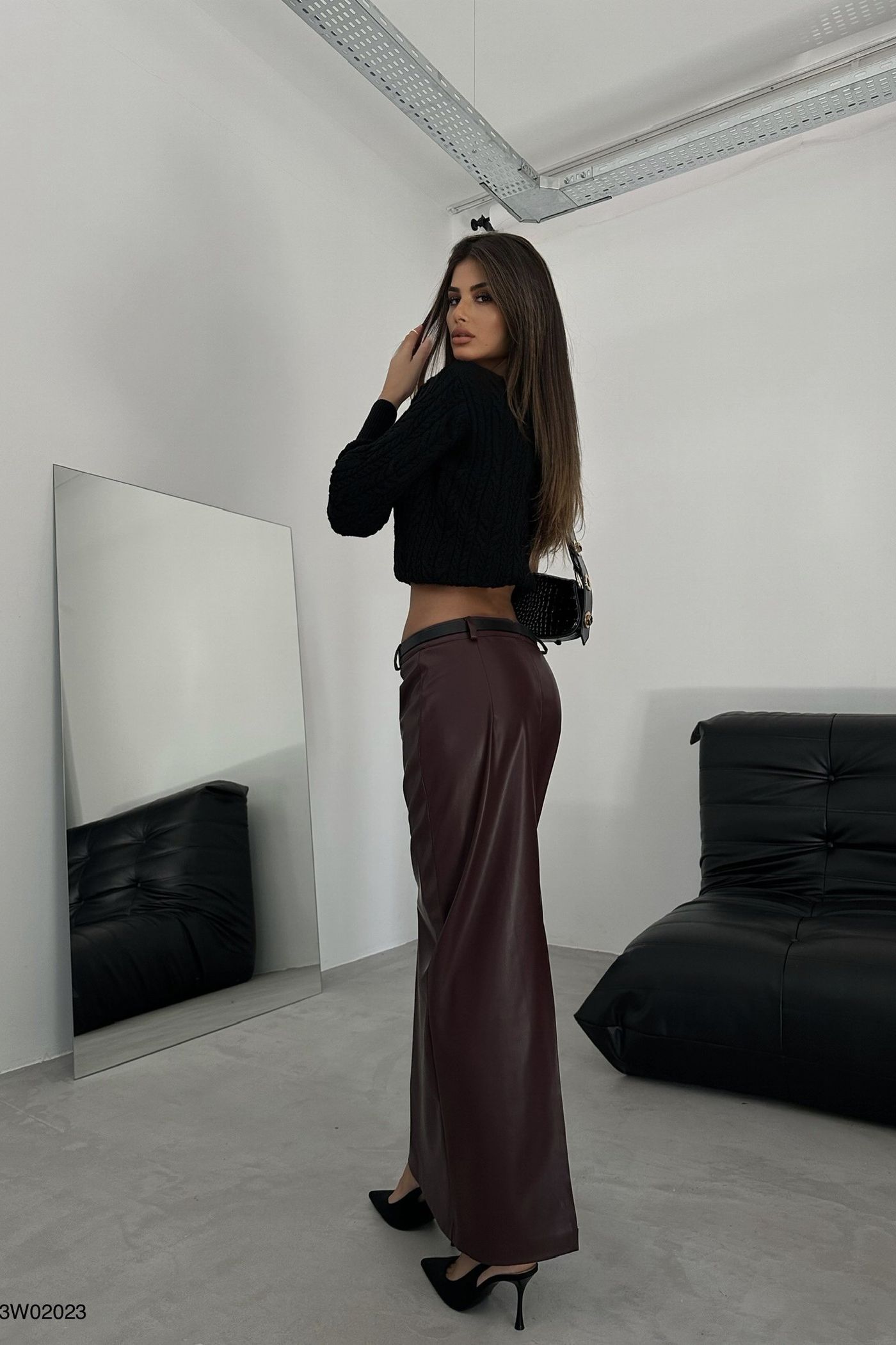 Faux Leather Mid Rise Maxi Skirt with a Belt