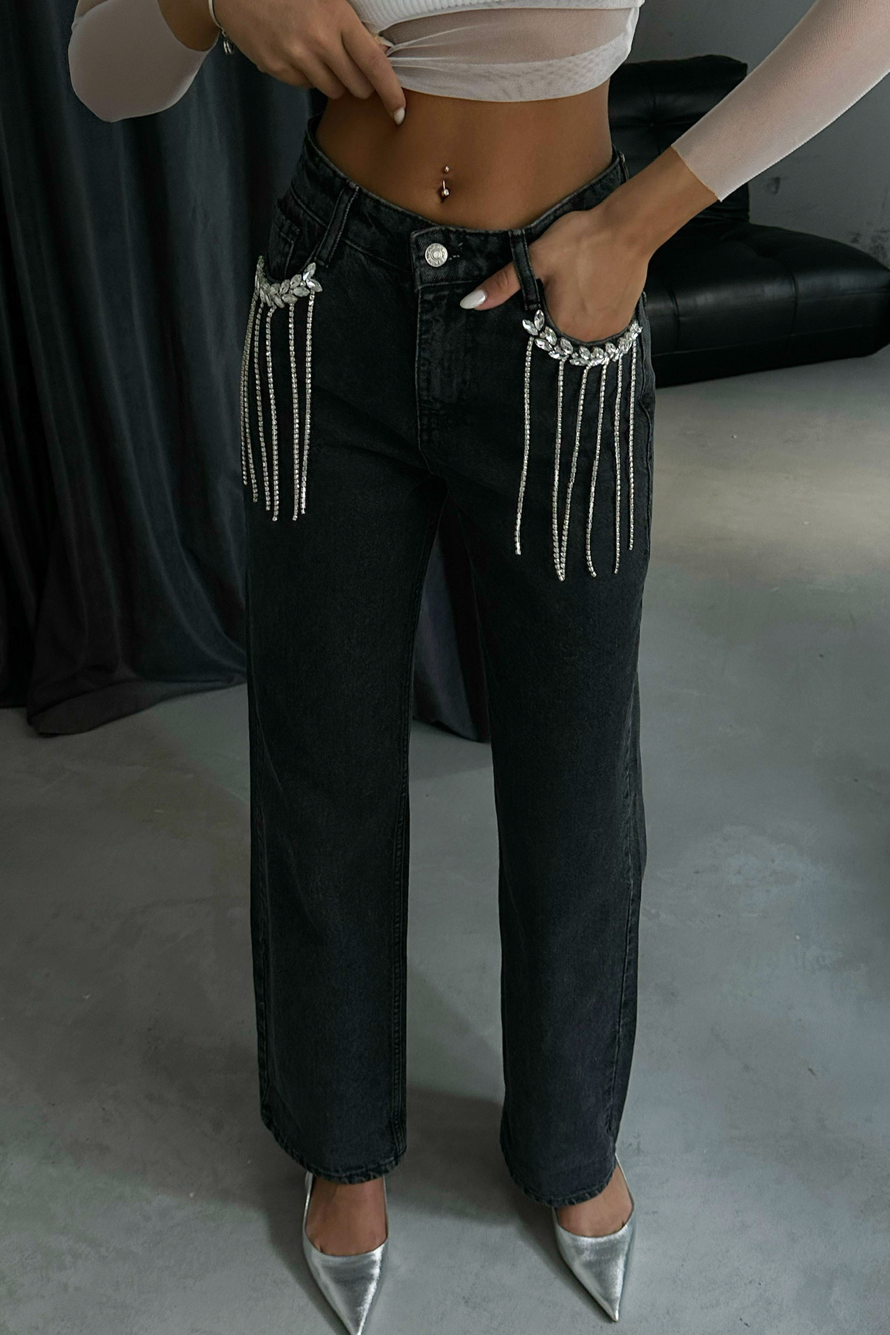 Mid Rise Straight Leg Jeans with a Diamente Tassel Pocket