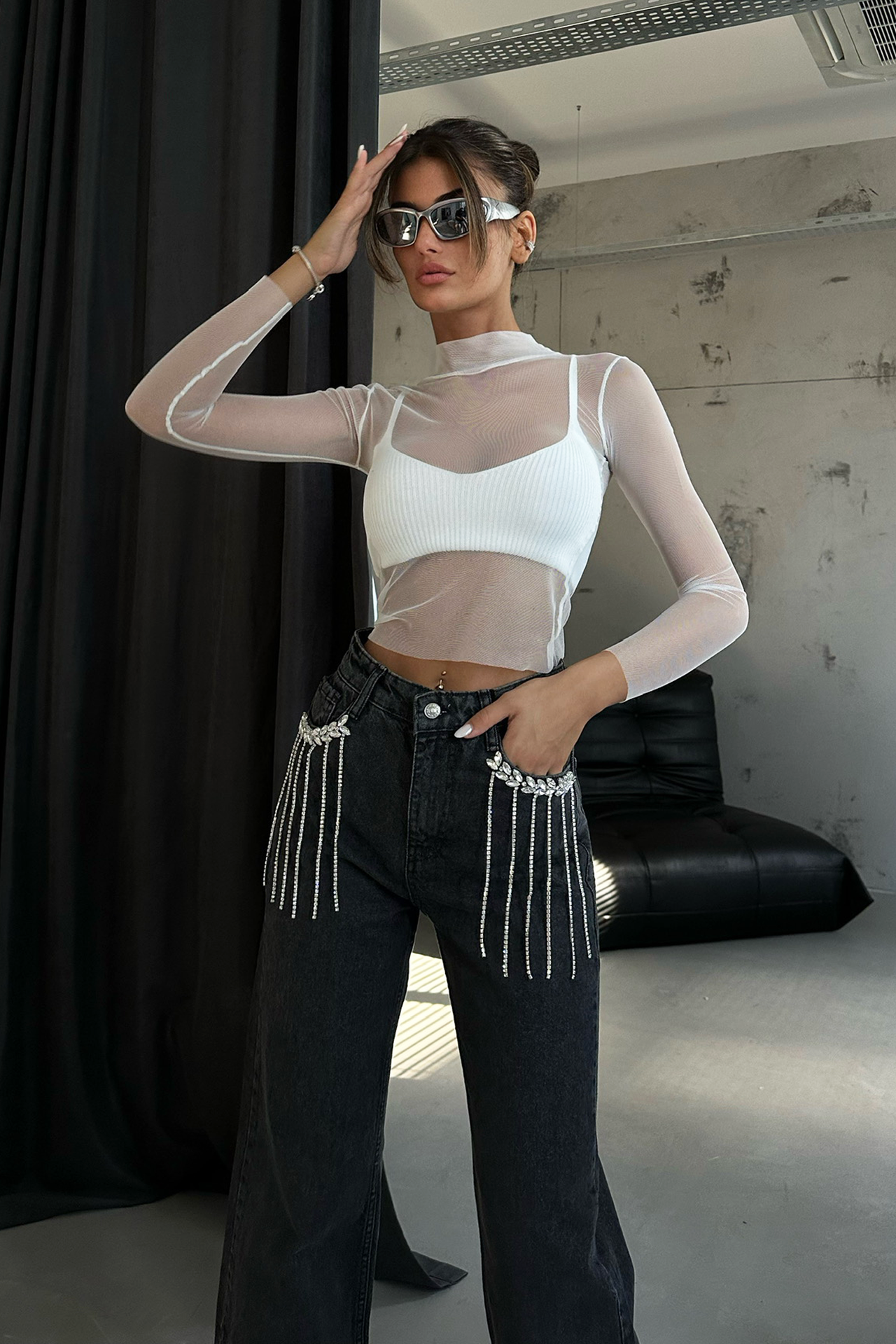 Mid Rise Straight Leg Jeans with a Diamente Tassel Pocket