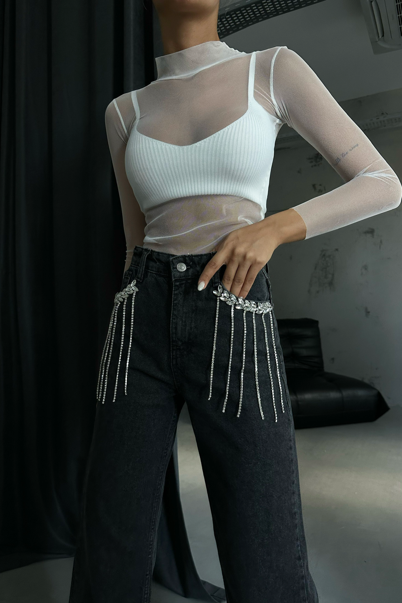 Mid Rise Straight Leg Jeans with a Diamente Tassel Pocket