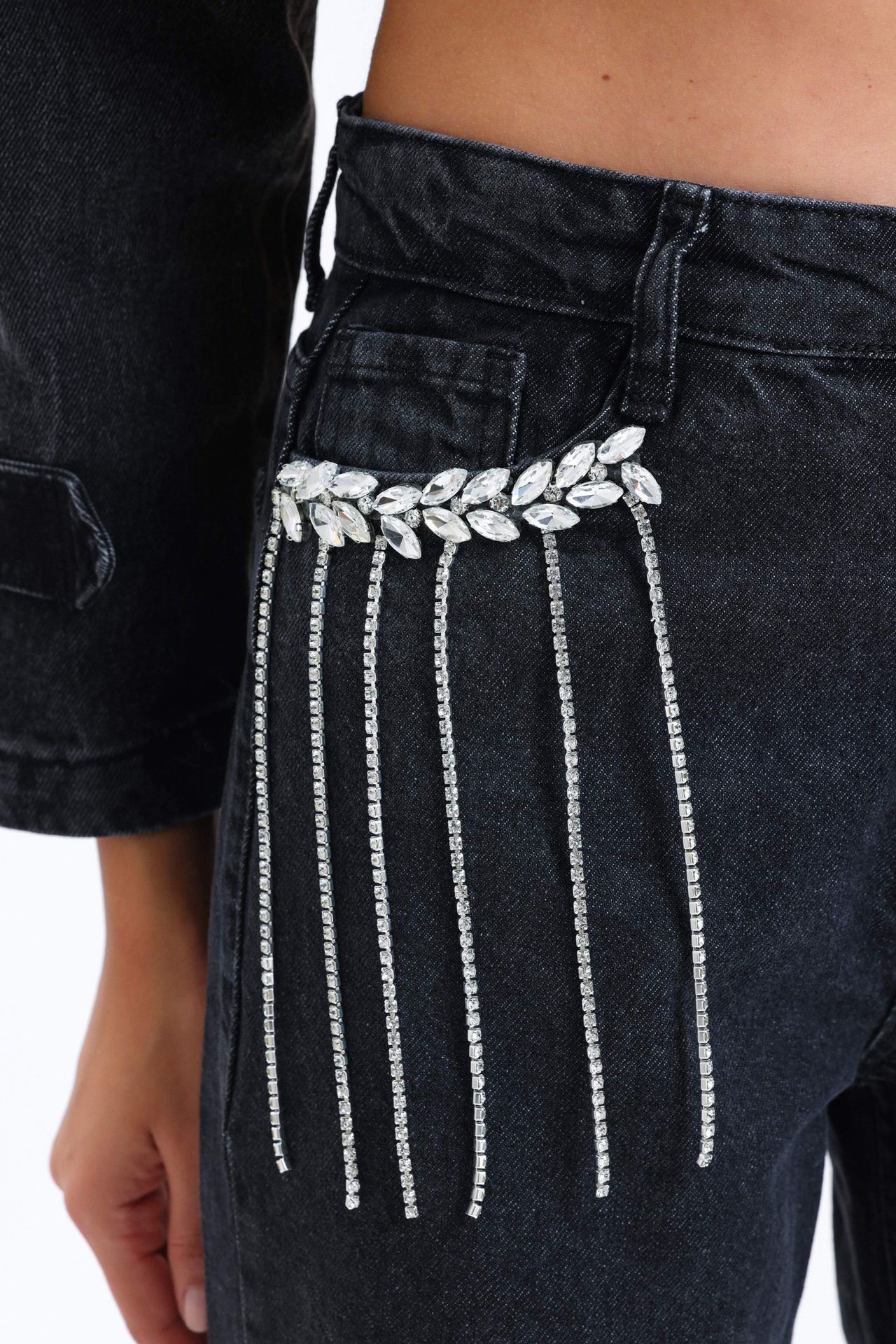 Mid Rise Straight Leg Jeans with a Diamente Tassel Pocket