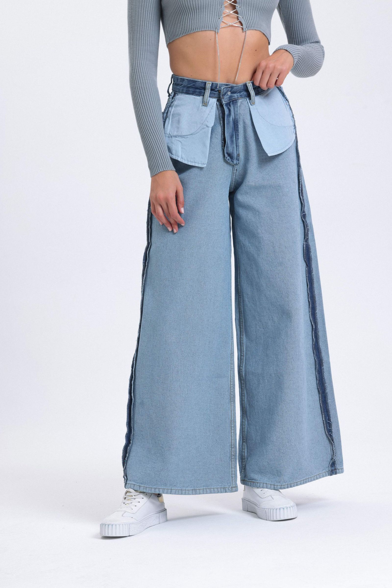 High Waist Reversed Fabric Wide Leg Jeans