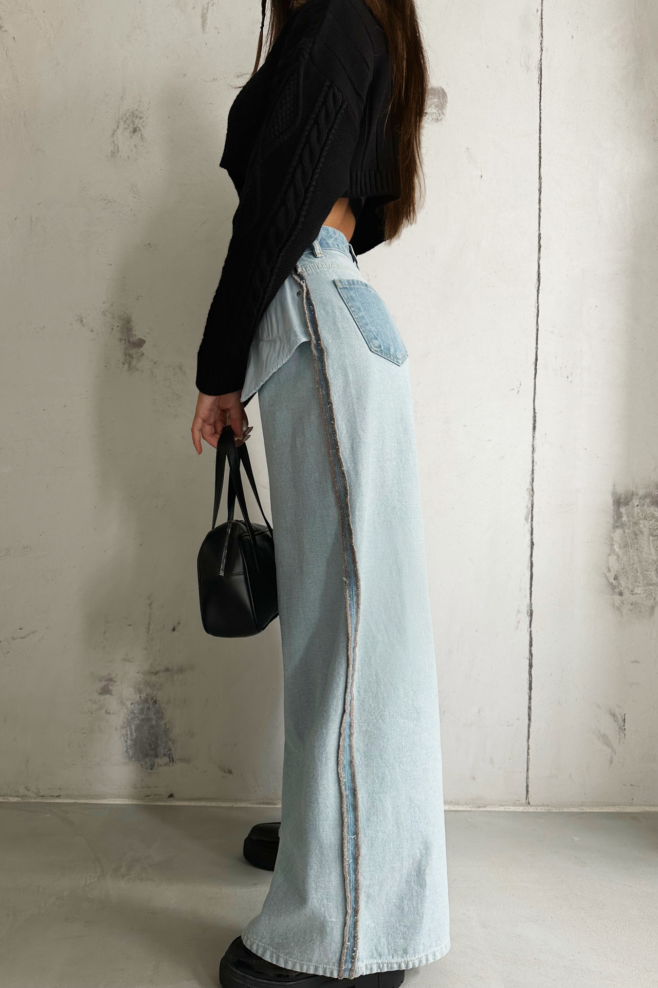 High Waist Reversed Fabric Wide Leg Jeans