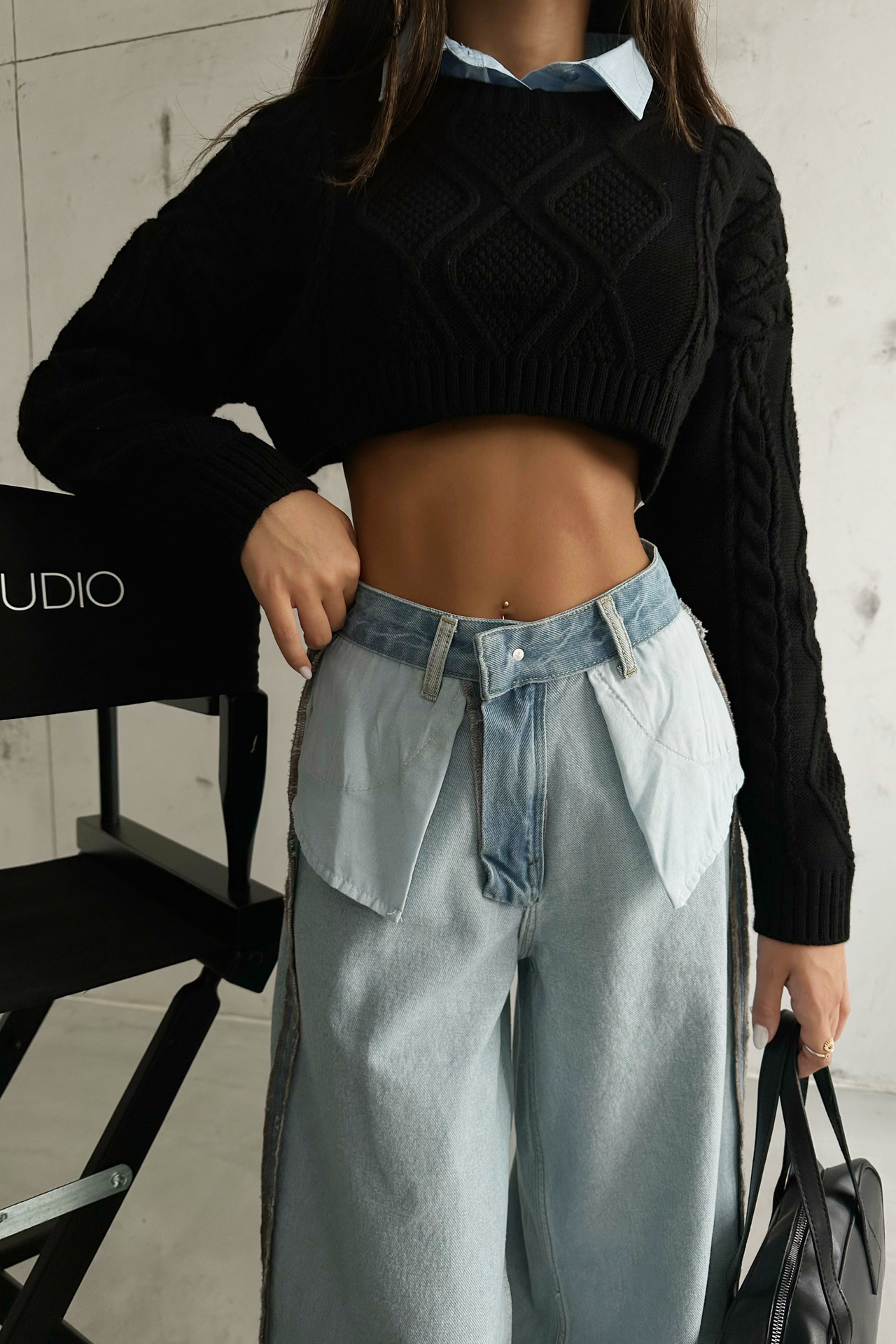 High Waist Reversed Fabric Wide Leg Jeans