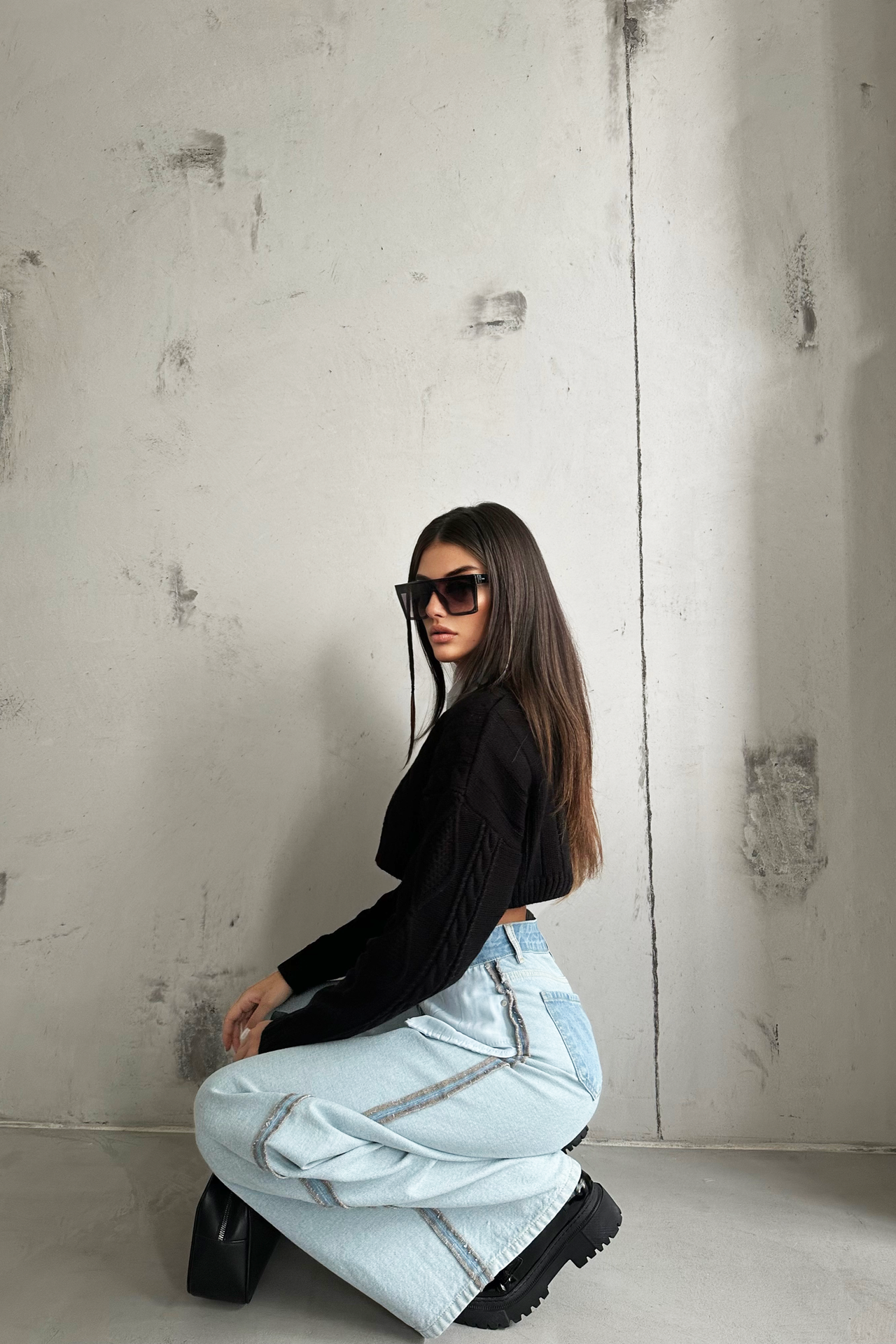 High Waist Reversed Fabric Wide Leg Jeans