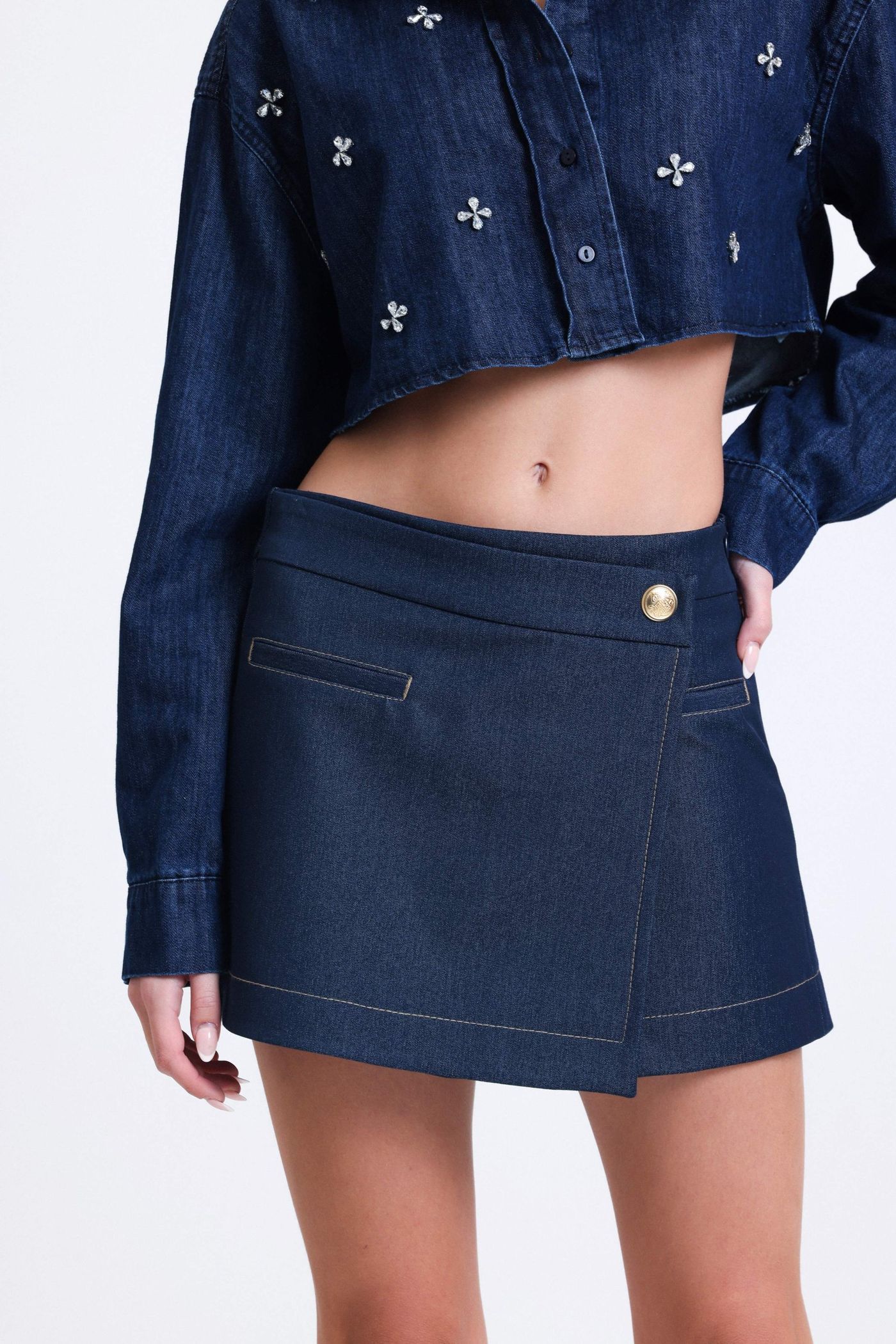 Denim Look Mid Rise Asymmetrical Mini Short Skirt