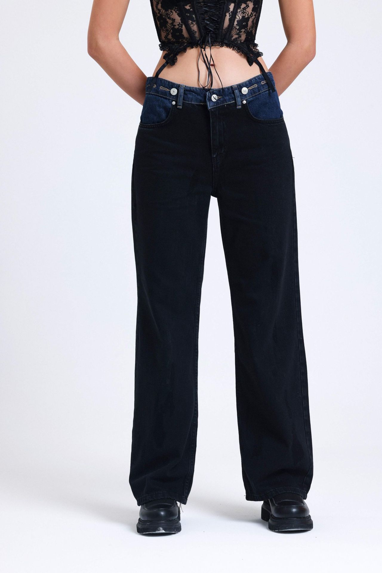 Mid Rise Garni Detailed Wide Leg Jeans